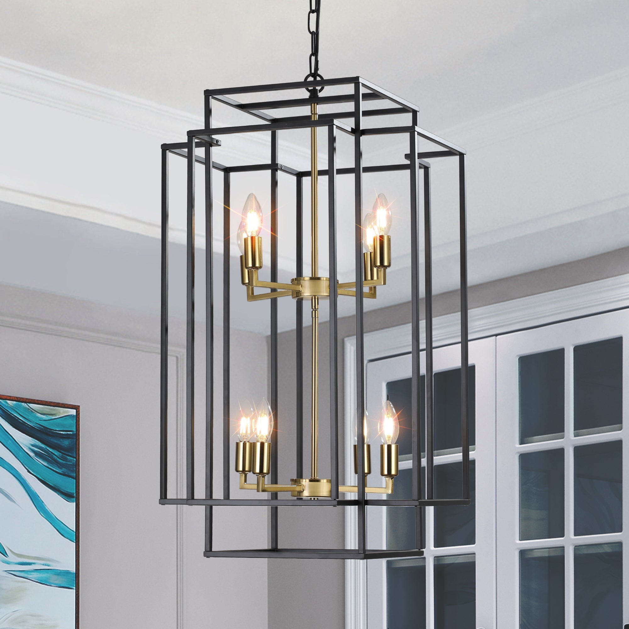 Jandcase Farmhouse Gold 8-Light Pendant Light, Adjustable Height, E12 Base, Iron Frame for Kitchen Island & Foyer (Bulbs Not Included)