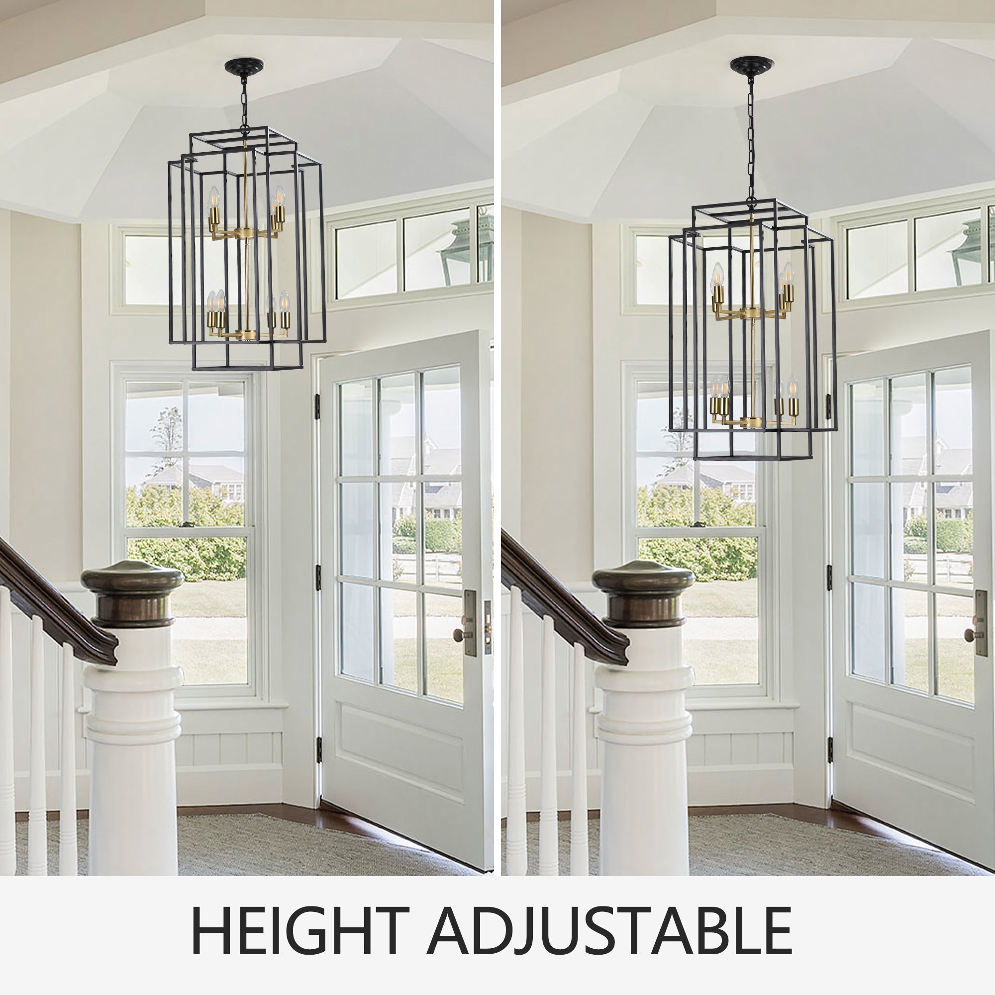 Jandcase Farmhouse Gold 8-Light Pendant Light, Adjustable Height, E12 Base, Iron Frame for Kitchen Island & Foyer (Bulbs Not Included)