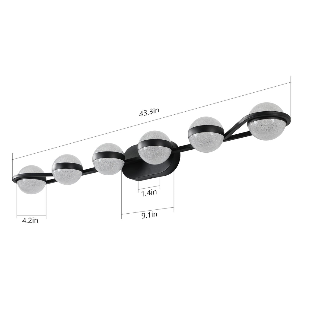Jandcase 43in. Black 6-Light LED Bathroom Vanity Light with Crystal Sand Acrylic Shades Wall-Mount