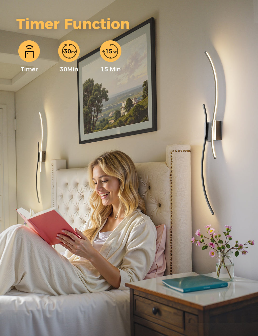 Jandcase 2-Pack LED Wave Wall Light, 39.37in Matte Black Finish, Built-in Dimmable & Color Changing, Touch & Remote Control, Memory & Timer