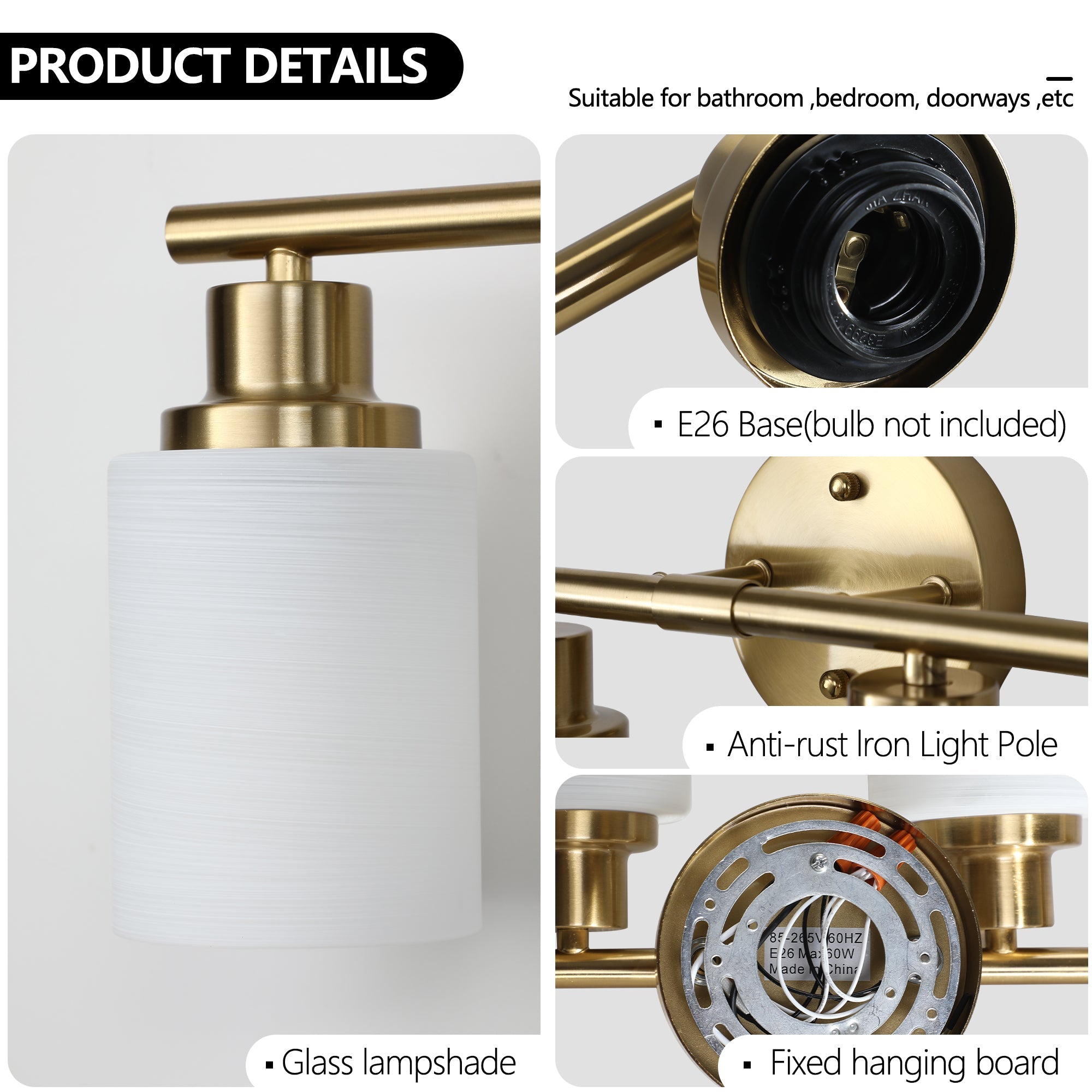 Jandcase Golden Modern Minimalist Bathroom Vanity Light, 6-Light Wall Sconce, Iron & Glass, E26 Base, Hard-Wired (Bulbs Not Included)