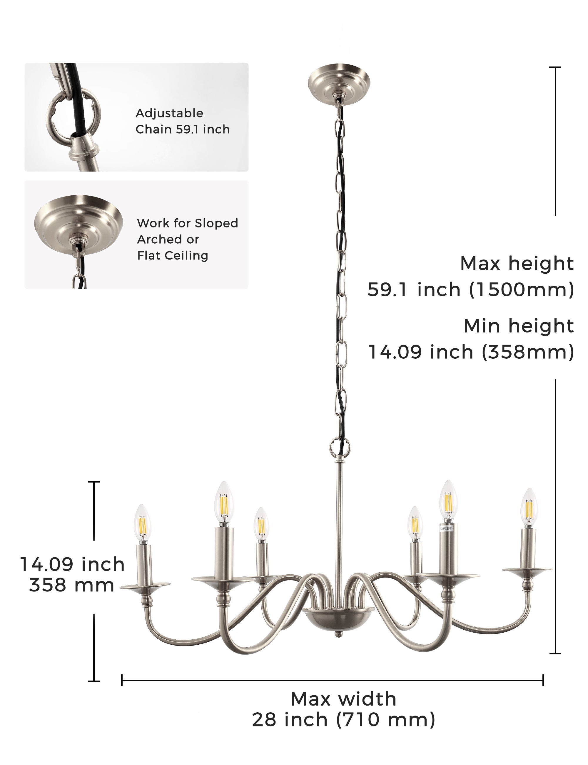 Jandcase 6-Light Nickel Branch Chandelier Modern Ceiling Pendant Light Fixture E12