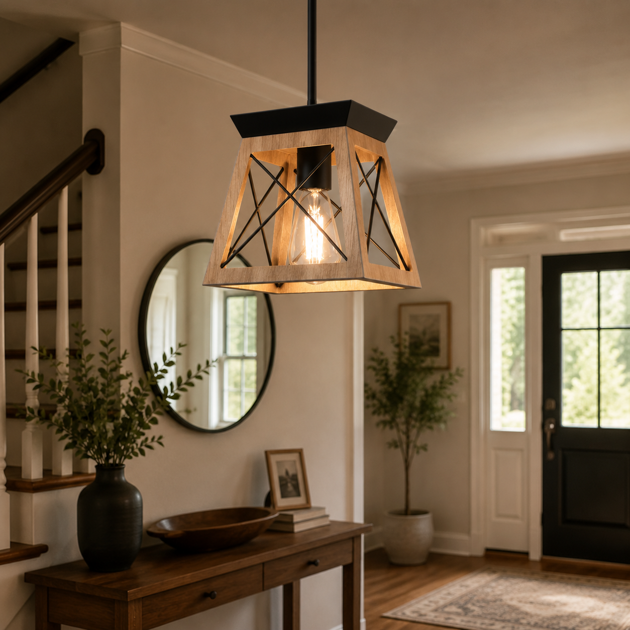 Jandcase 1-Light Rustic Industrial Pendant Light with Dark Wood Grain Finish Iron Rod Hanging Ceiling Fixture