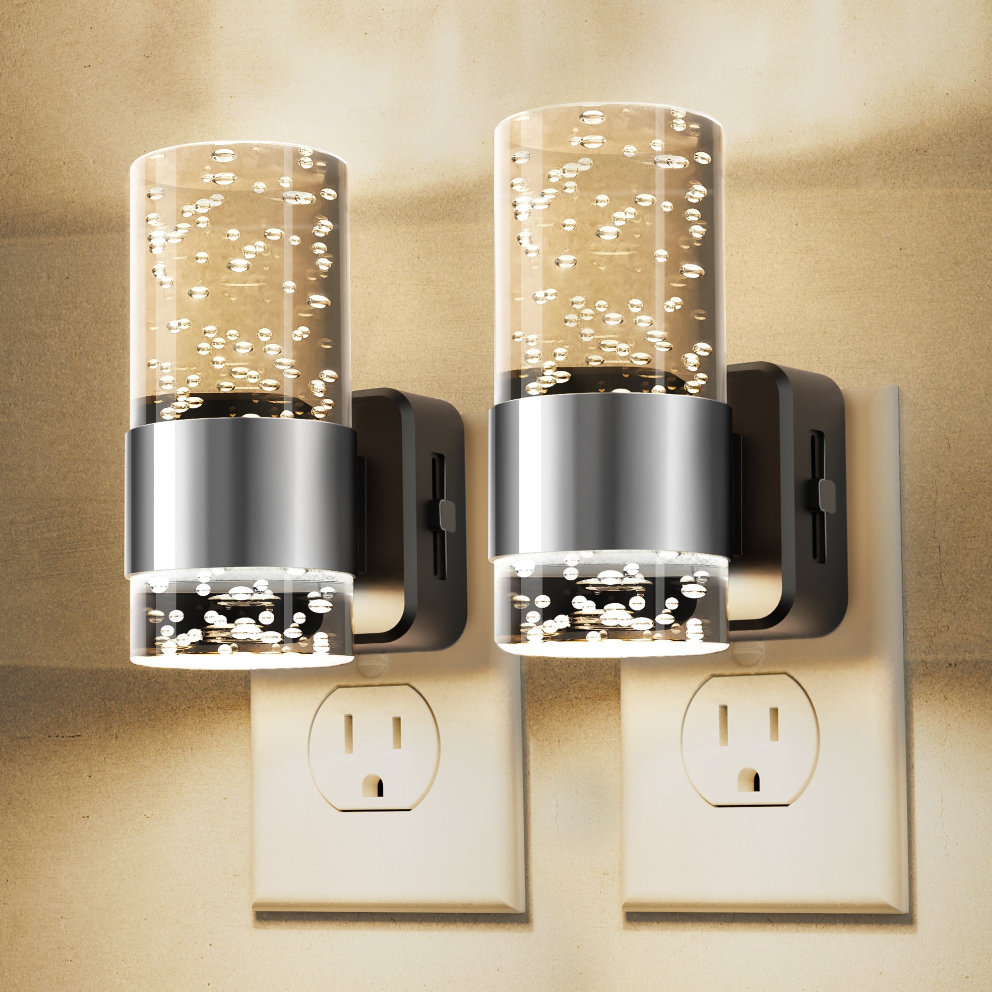 Jandcase 2-Pack Plug-in Dusk-to-Dawn Night Lights, Warm Glow 2700K, Sliding Dimmable, Wall Light Style, US 3-Prong Plug