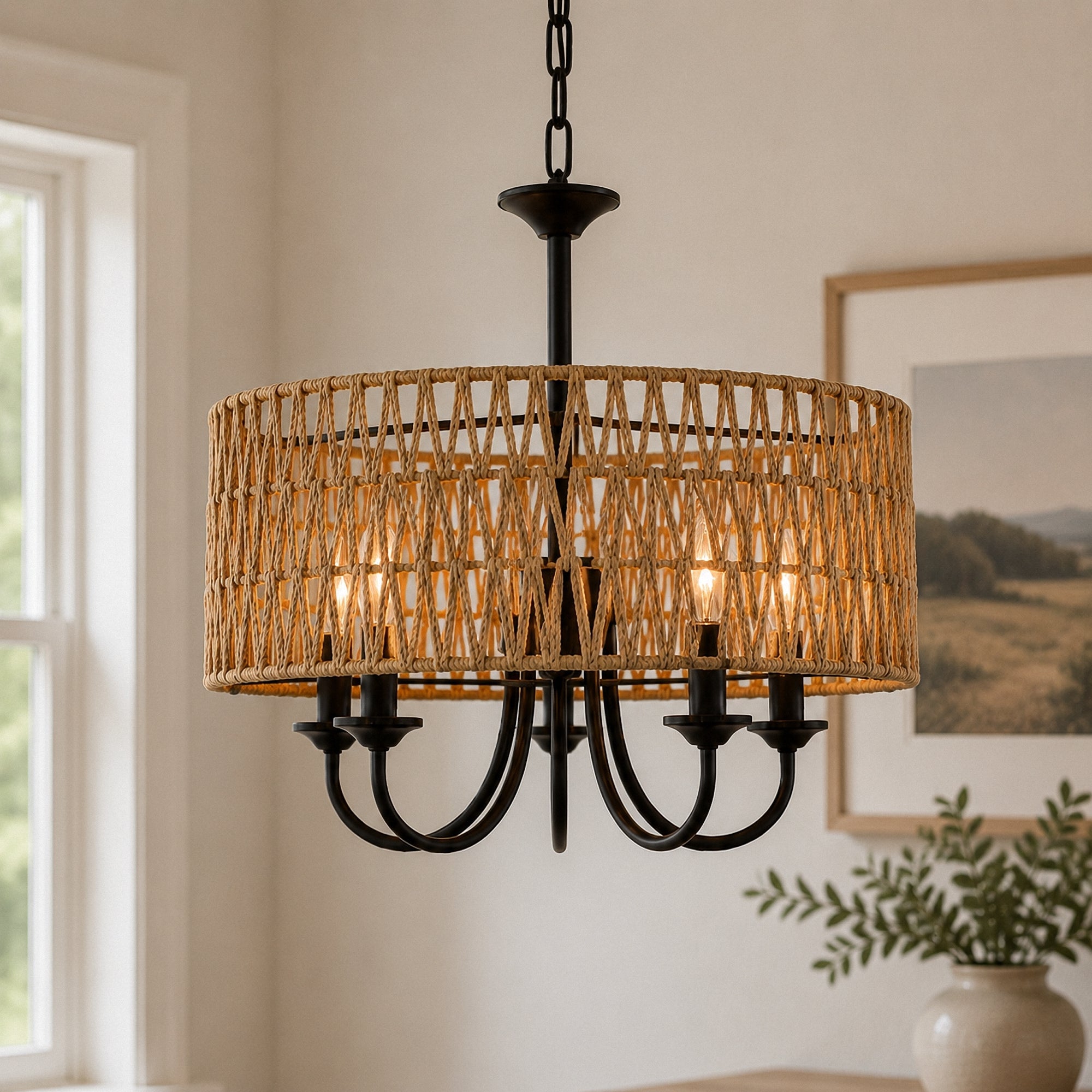 Jandcase 5-Light Matte Black Woven Branch Chandelier Rustic Farmhouse Pendant Light E12