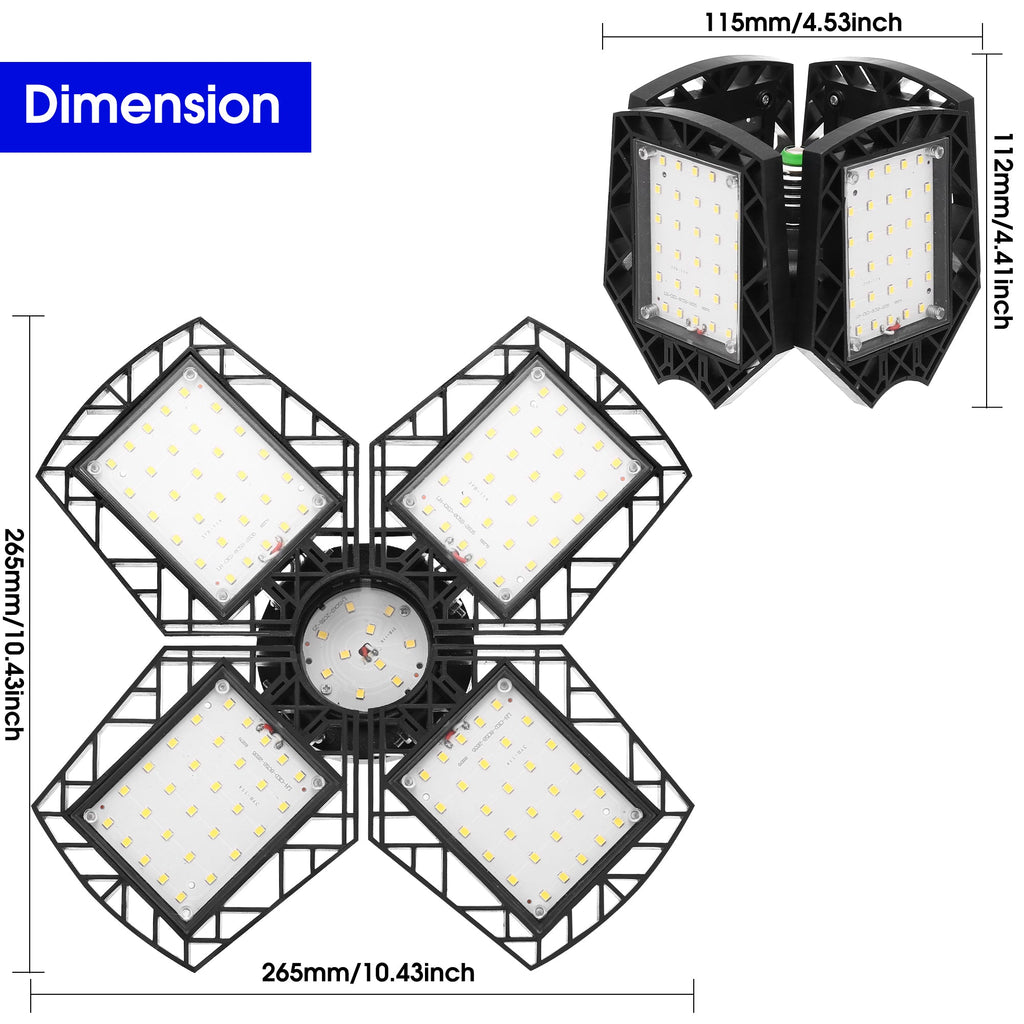 Jandcase LED Garage Light 4 Panel E26, 8000LM 6000K Deformable Ceiling Light, 38W High Brightness Shop Light for Garage Basement Workshop