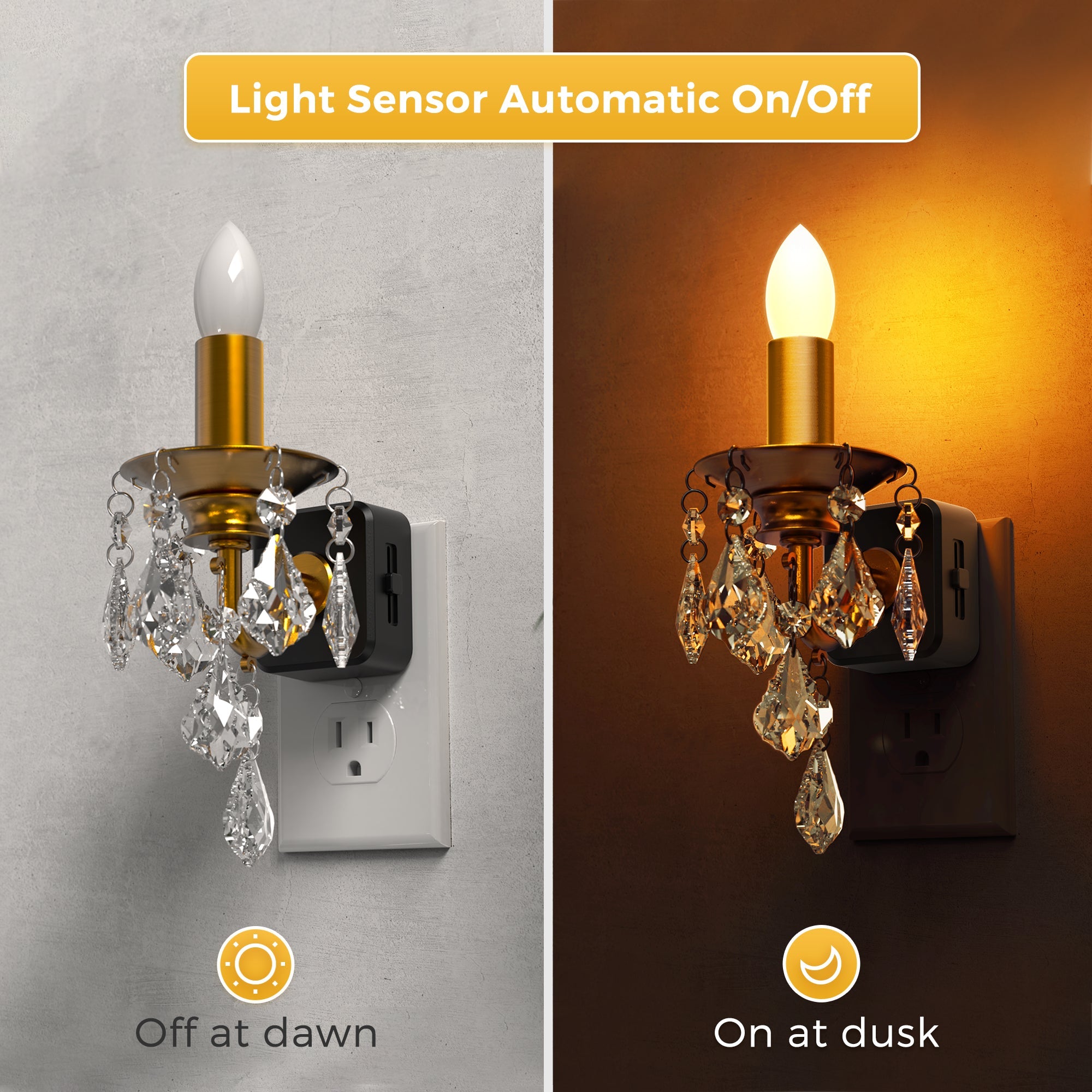 Jandcase 1W Plug-in Night Light with Amber 1600K, Dusk to Dawn Sensor, Slide Dimmer, Crystal Pendant, E12 Style