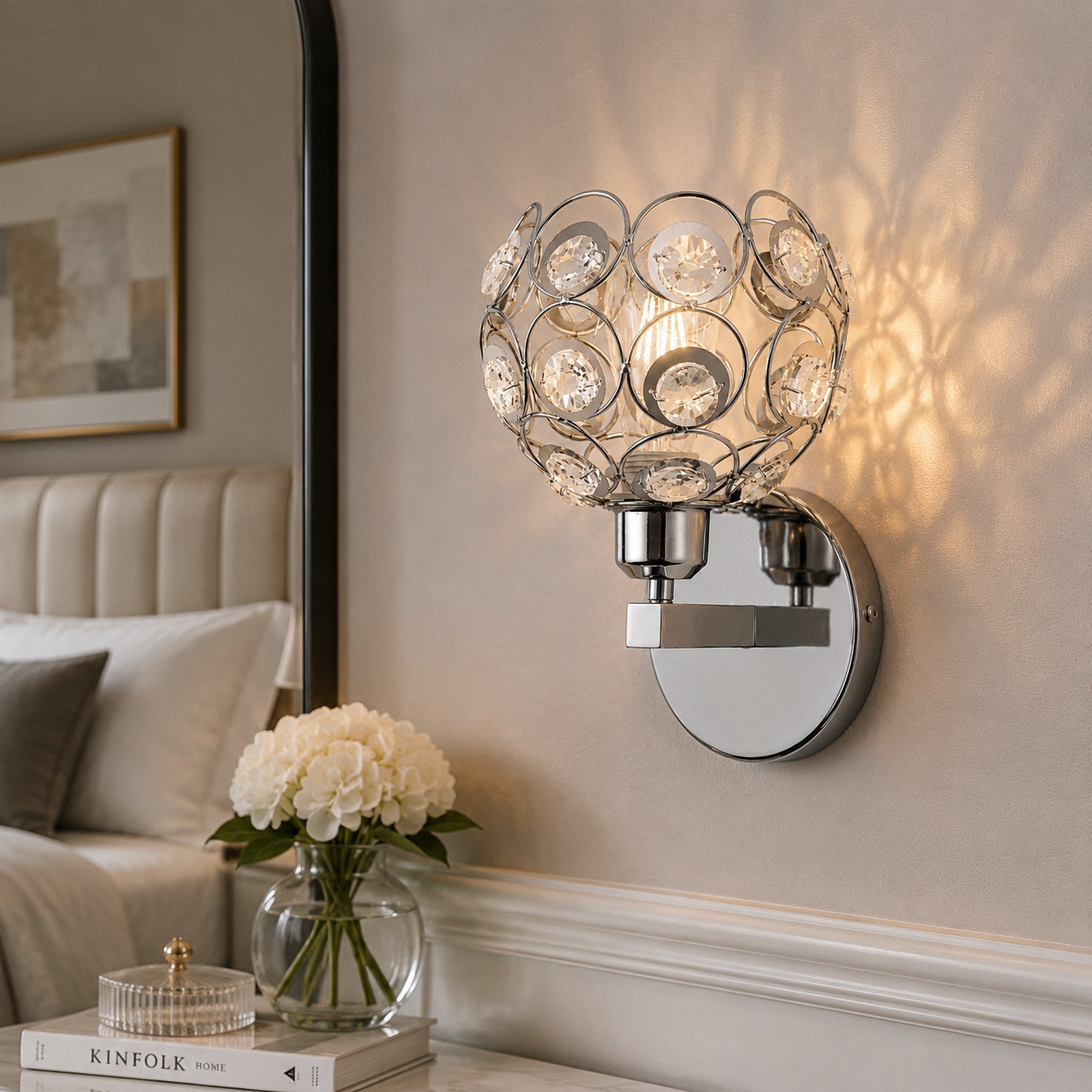 Jandcase Modern Crystal Round Wall Sconce E26 Indoor Wall Light Fixture Chrome Finish 1-Light Vanity Lamp