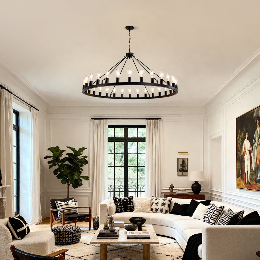 Jandcase 64in. Matte Black Wagon Wheel Chandelier 30-Light E26 Farmhouse Industrial Pendant Light for High Ceiling Dining Room (No Bulbs)