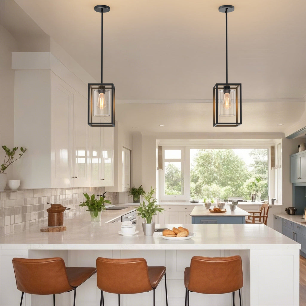 Jandcase 7 in. 1-Light Black Square Chandelier with Clear Glass, Retro Industrial Hanging Light for Kitchen Island (Copy)