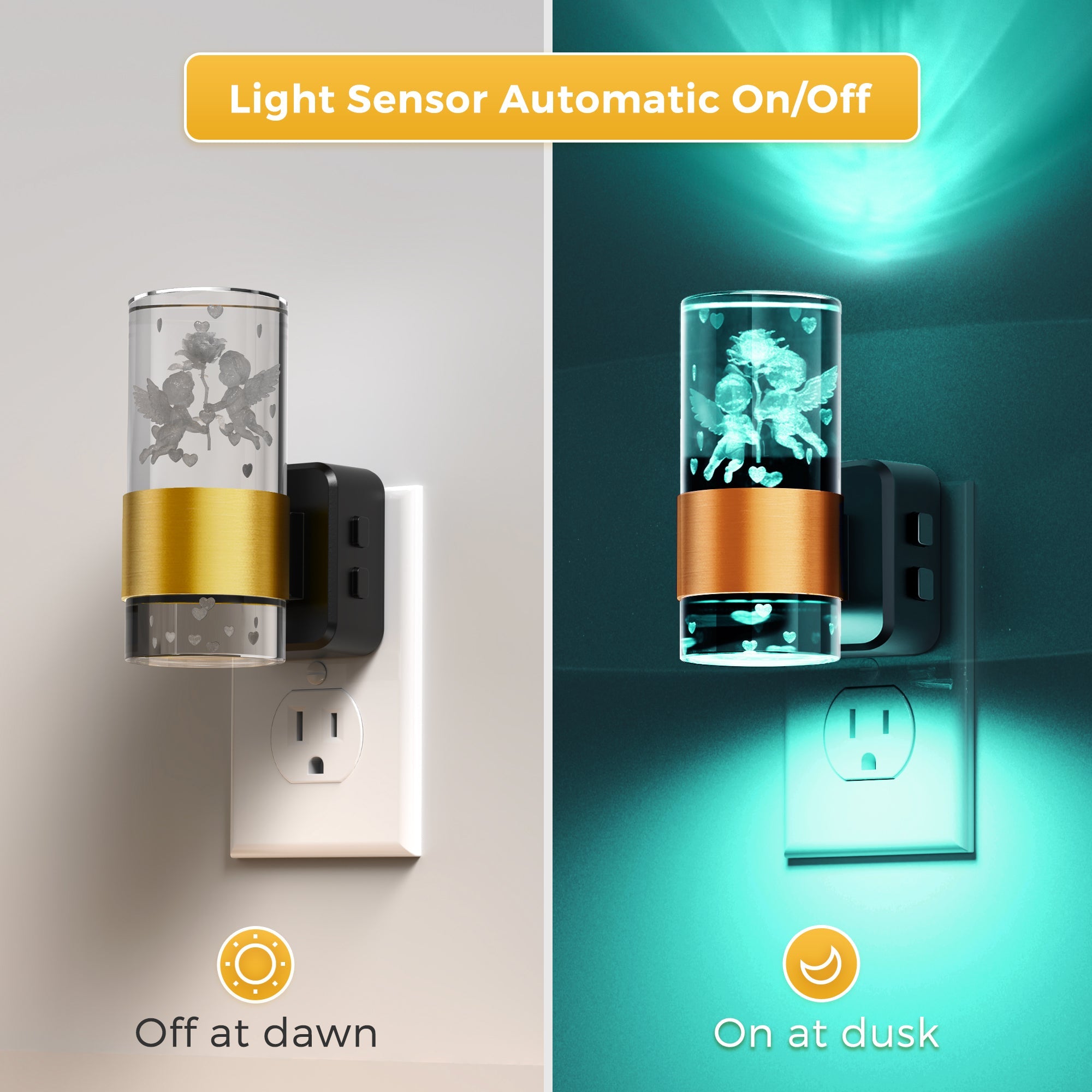 Jandcase 2-Pack Plug-in Photocell Night Light, Warm Glow Dimmable Wall Sconce Style Lighting with Metal & Acrylic Accents