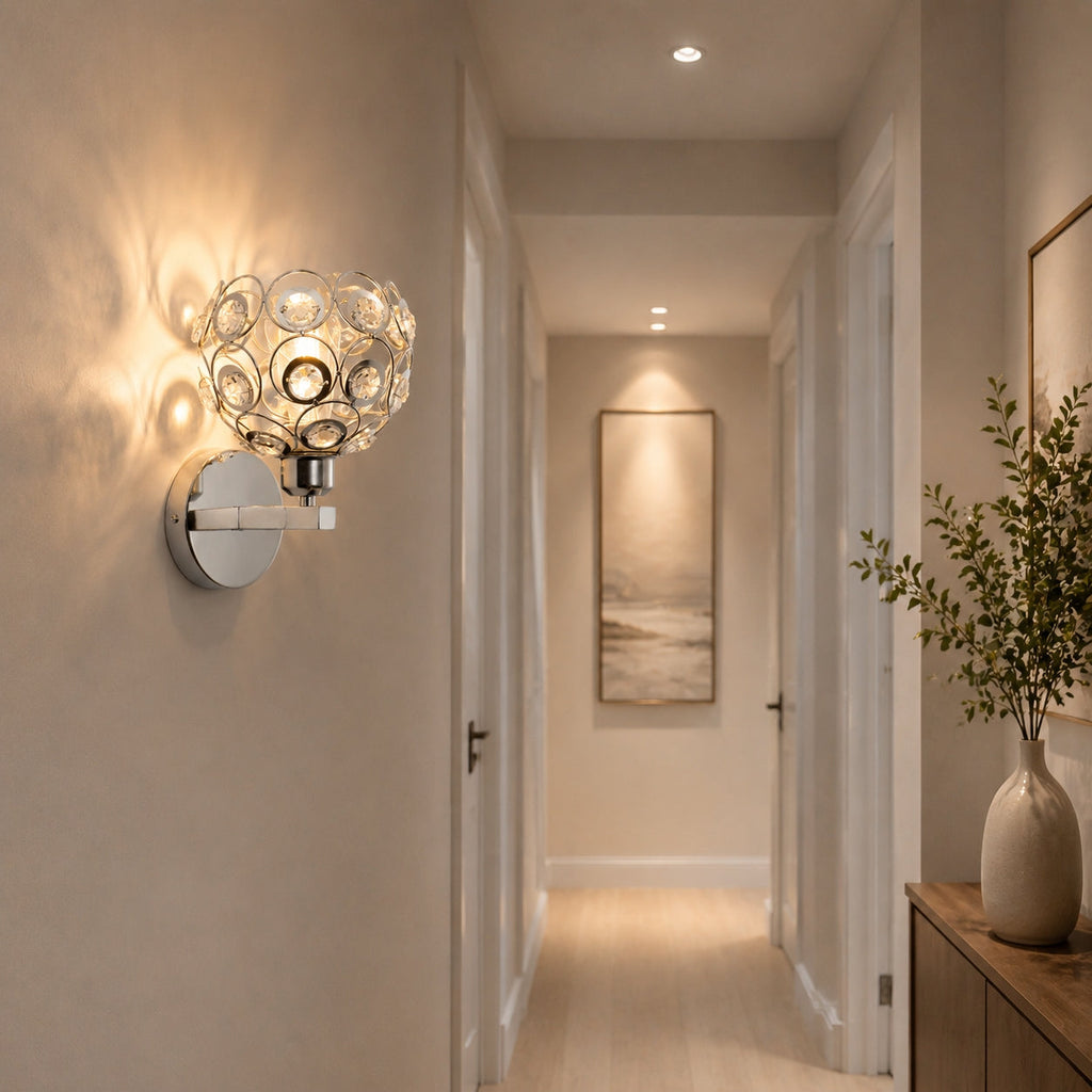 Jandcase Modern Crystal Round Wall Sconce E26 Indoor Wall Light Fixture Chrome Finish 1-Light Vanity Lamp
