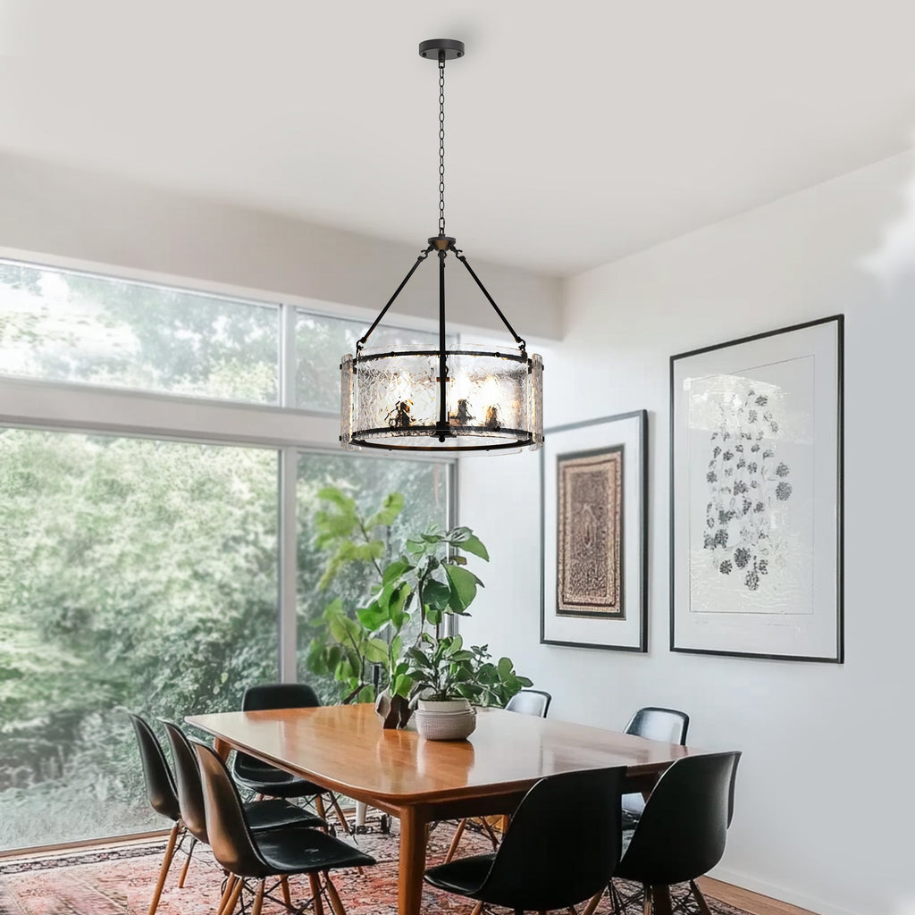 Jandcase 5-Light Black Drum Chandelier Pendant Light with Glass Shade and E12 Base for Dining Room, No Bulbs Included