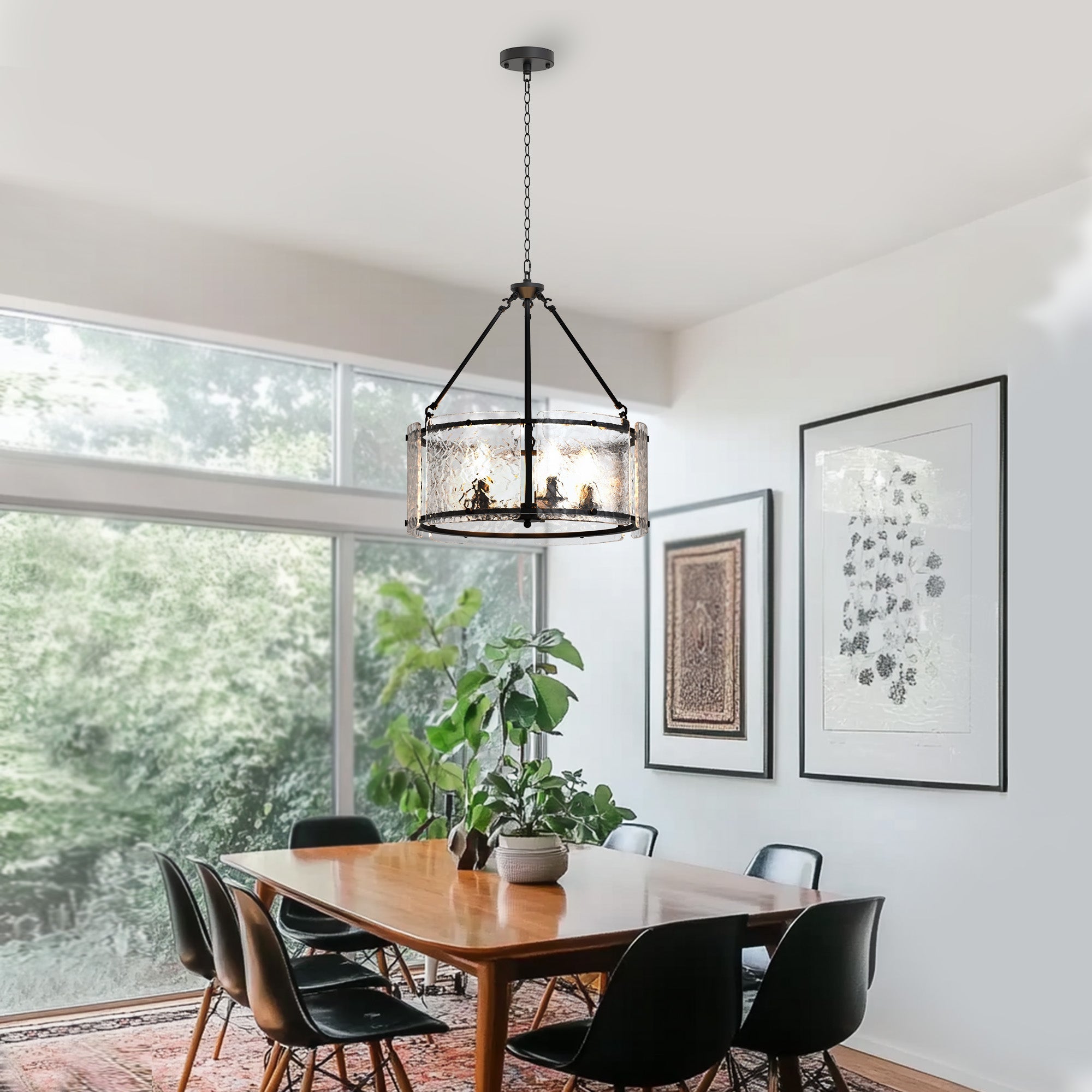 Jandcase 5-Light Black Drum Chandelier Pendant Light with Glass Shade and E12 Base for Dining Room, No Bulbs Included