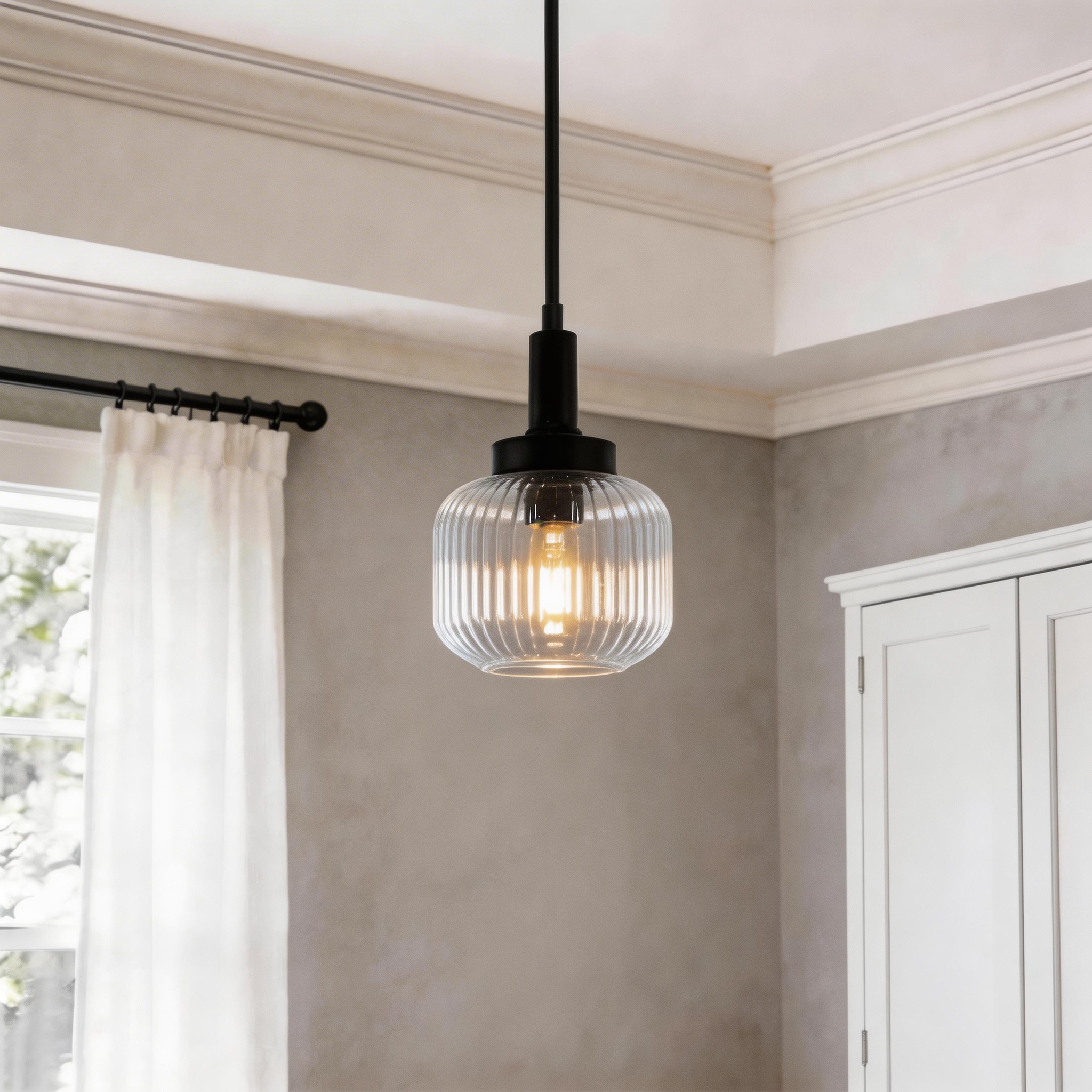 Jandcase 2-Pack 1-Light Traditional Pendant Light with Clear Ribbed Glass Globe Shade and Matte Black Metal Finish