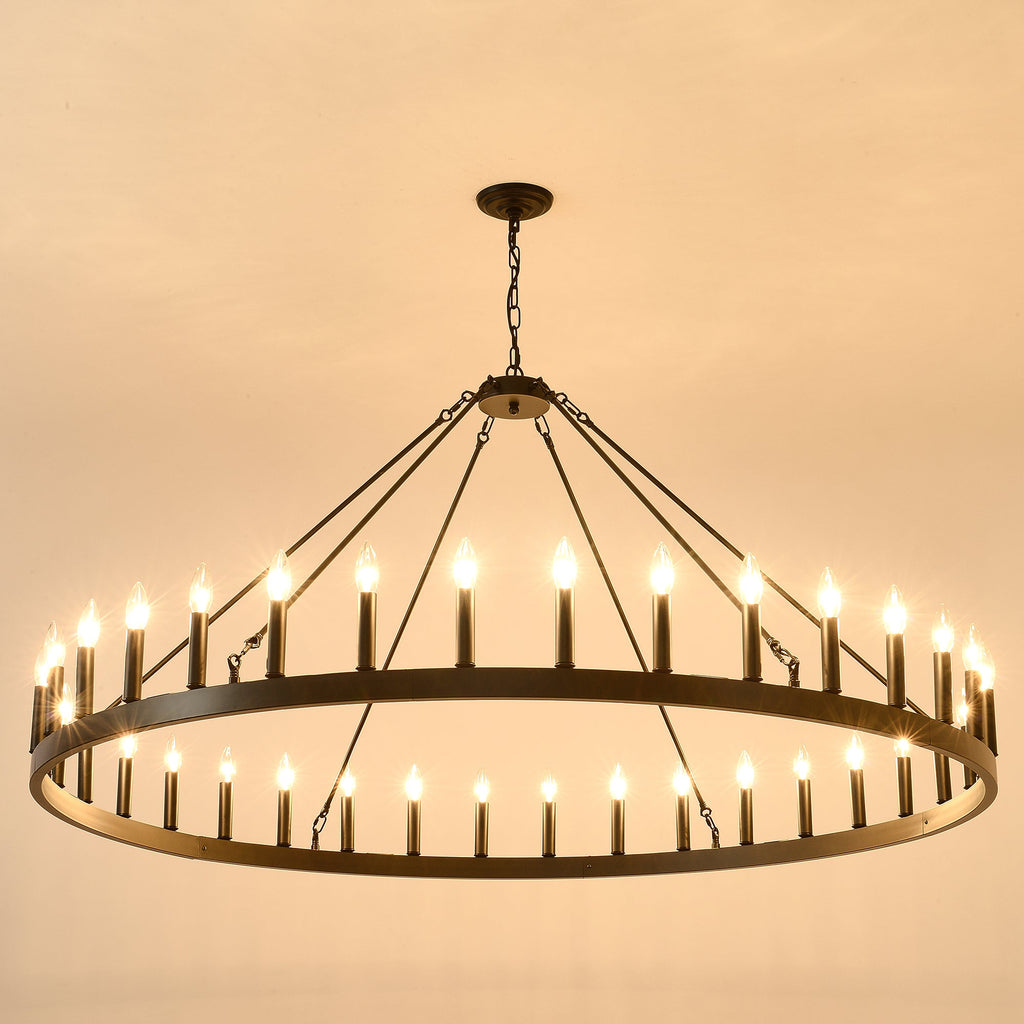 Jandcase 59" Farmhouse Wagon Wheel Chandelier, 36-Light Matte Black Ceiling Light, Adjustable Height, E12 Bulbs, Dining Room Fixture