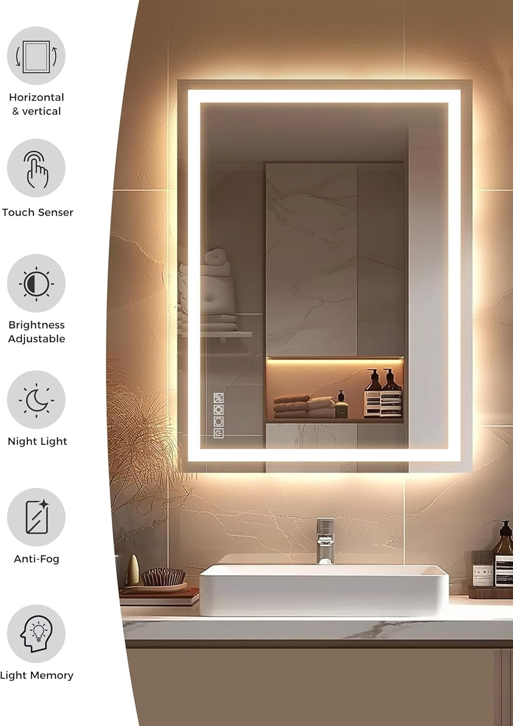 Jandcase LED Bathroom Mirror Vanity Light with Front & Backlight, Dimmable 3CCT, Anti-Fog, Shatter-Proof, Memory, Night Light