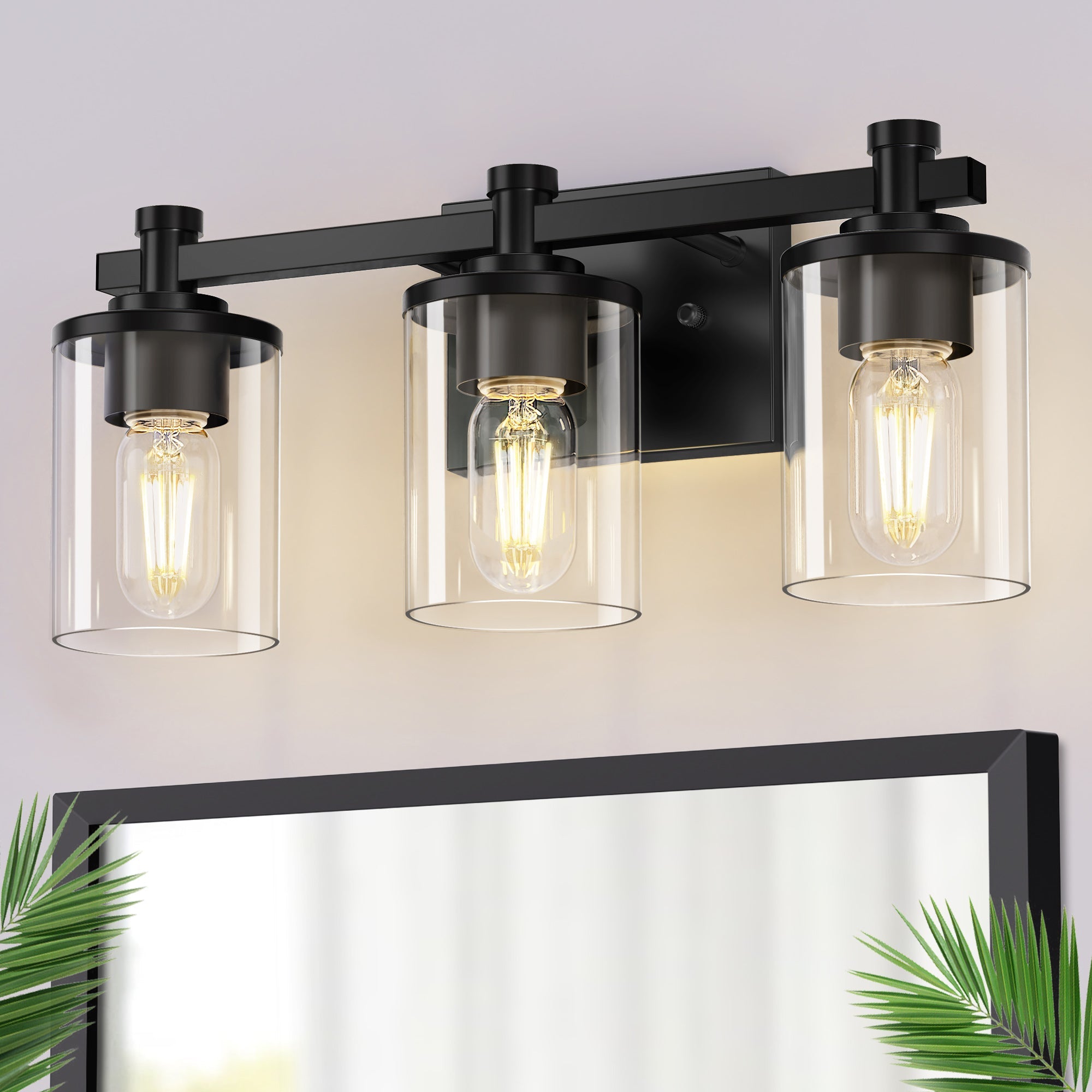 Jandcase 3-Light Vanity Light with Transparent Cylinder Glass Shades Black E26 Bulb Not Included