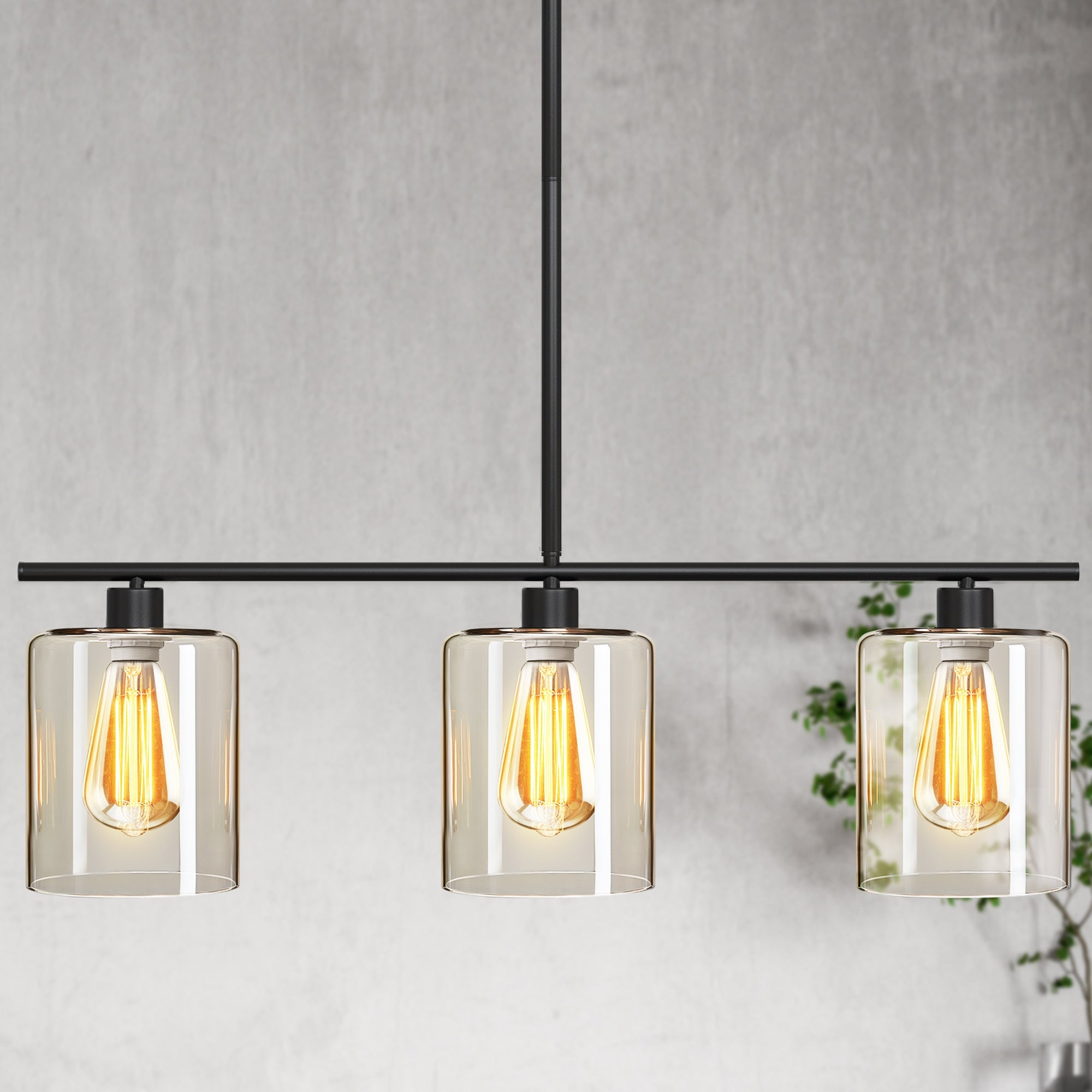 Jandcase Modern 3-Light Kitchen Island Pendant Light, Black Ceiling Fixture with Clear Glass Shades, E26 Hanging Rod Chandelier for Dining Room Kitchen Island