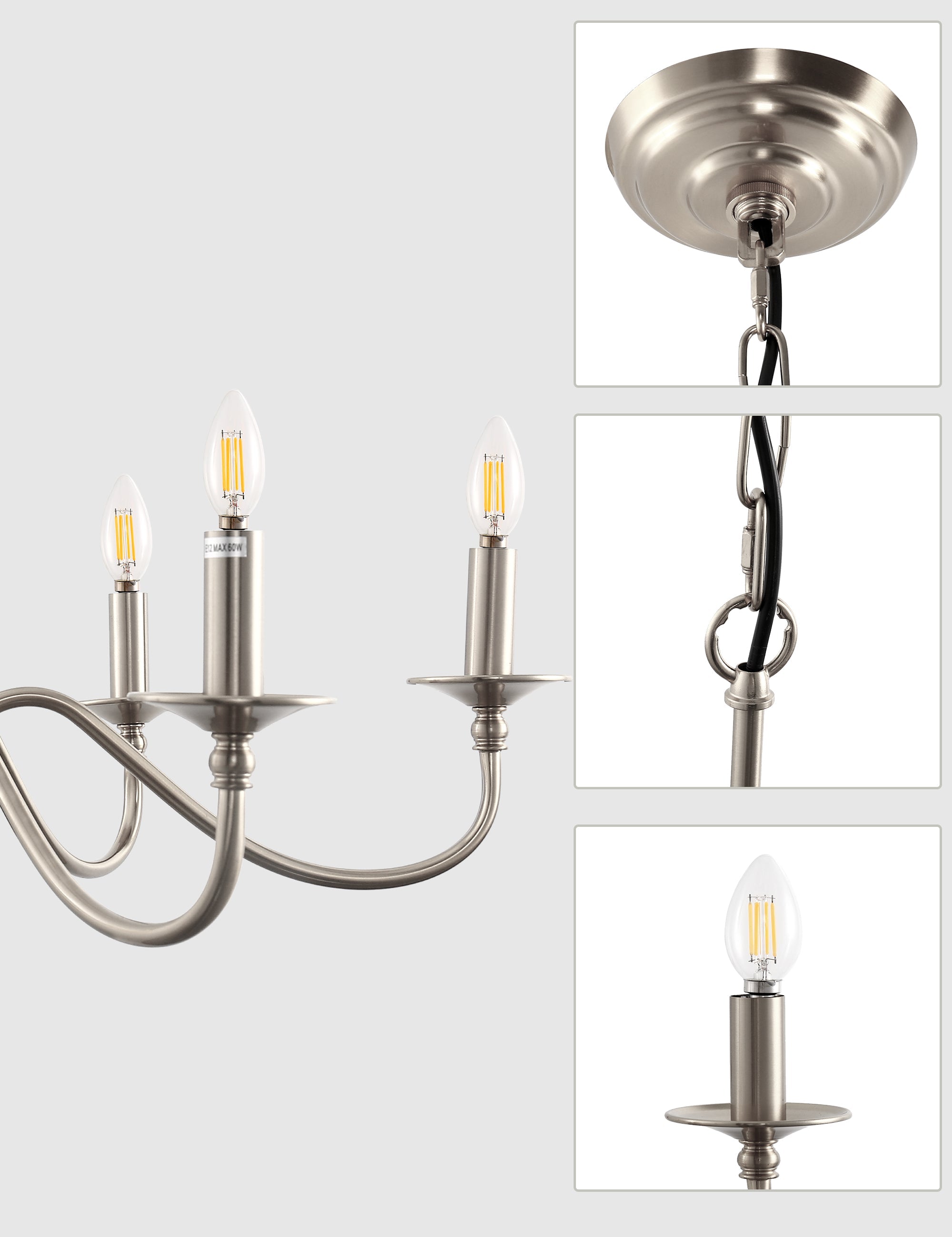 Jandcase 6-Light Nickel Branch Chandelier Modern Ceiling Pendant Light Fixture E12