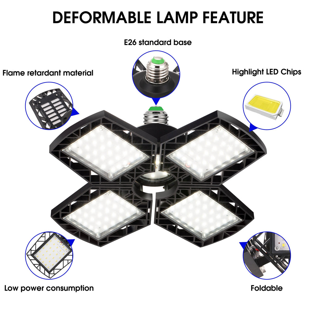Jandcase LED Garage Light 4 Panel E26, 8000LM 6000K Deformable Ceiling Light, 38W High Brightness Shop Light for Garage Basement Workshop