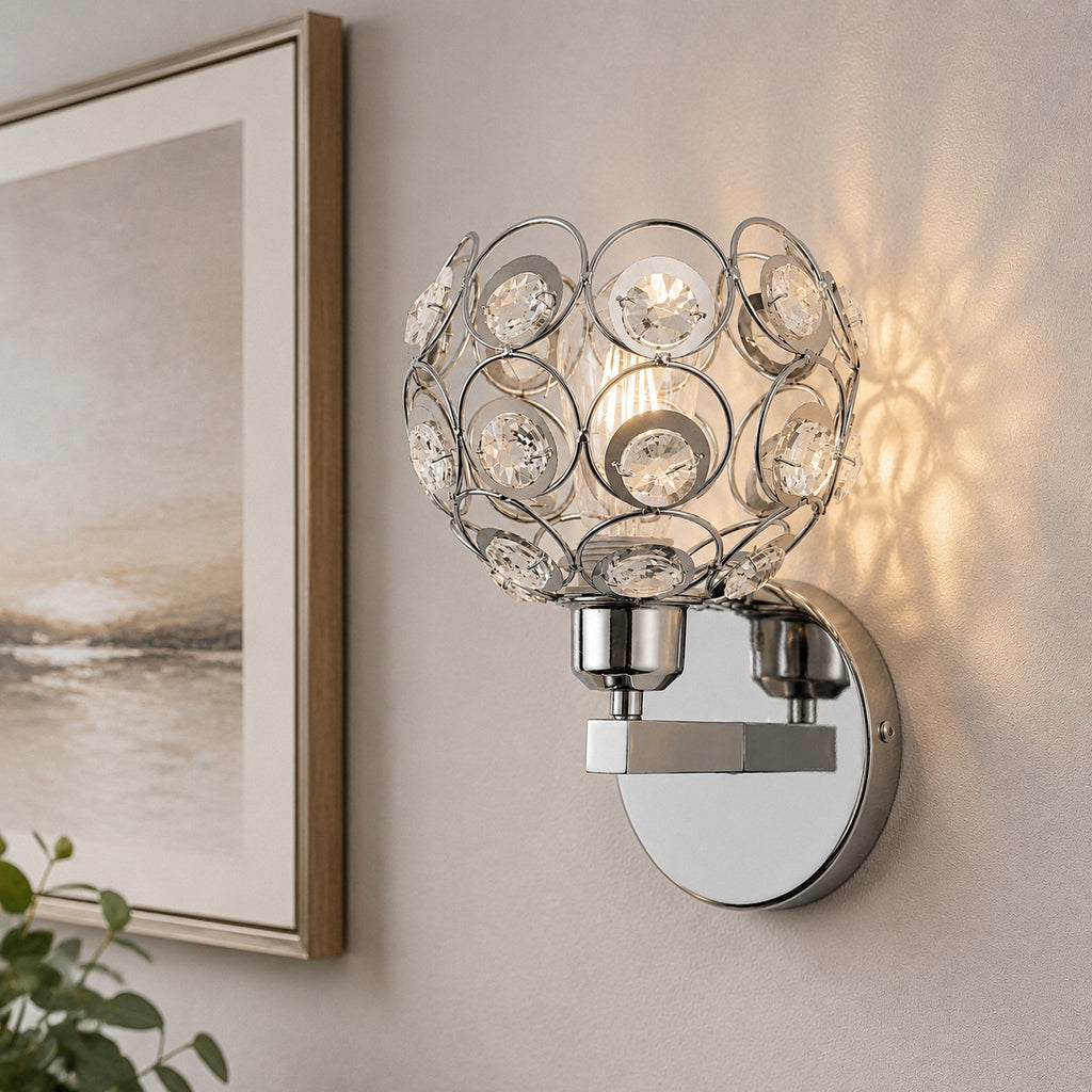 Jandcase Modern Crystal Round Wall Sconce E26 Indoor Wall Light Fixture Chrome Finish 1-Light Vanity Lamp