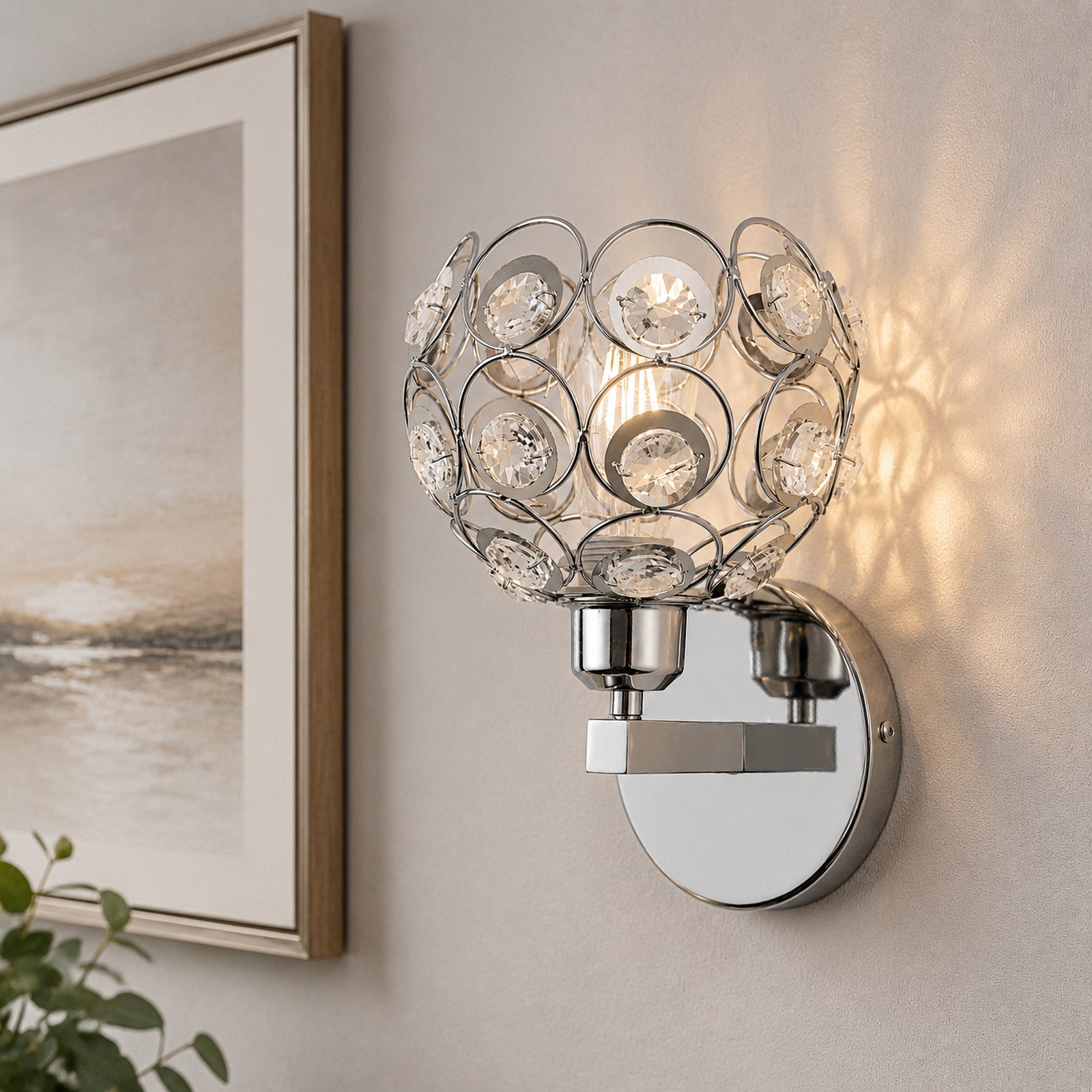 Jandcase Modern Crystal Round Wall Sconce E26 Indoor Wall Light Fixture Chrome Finish 1-Light Vanity Lamp