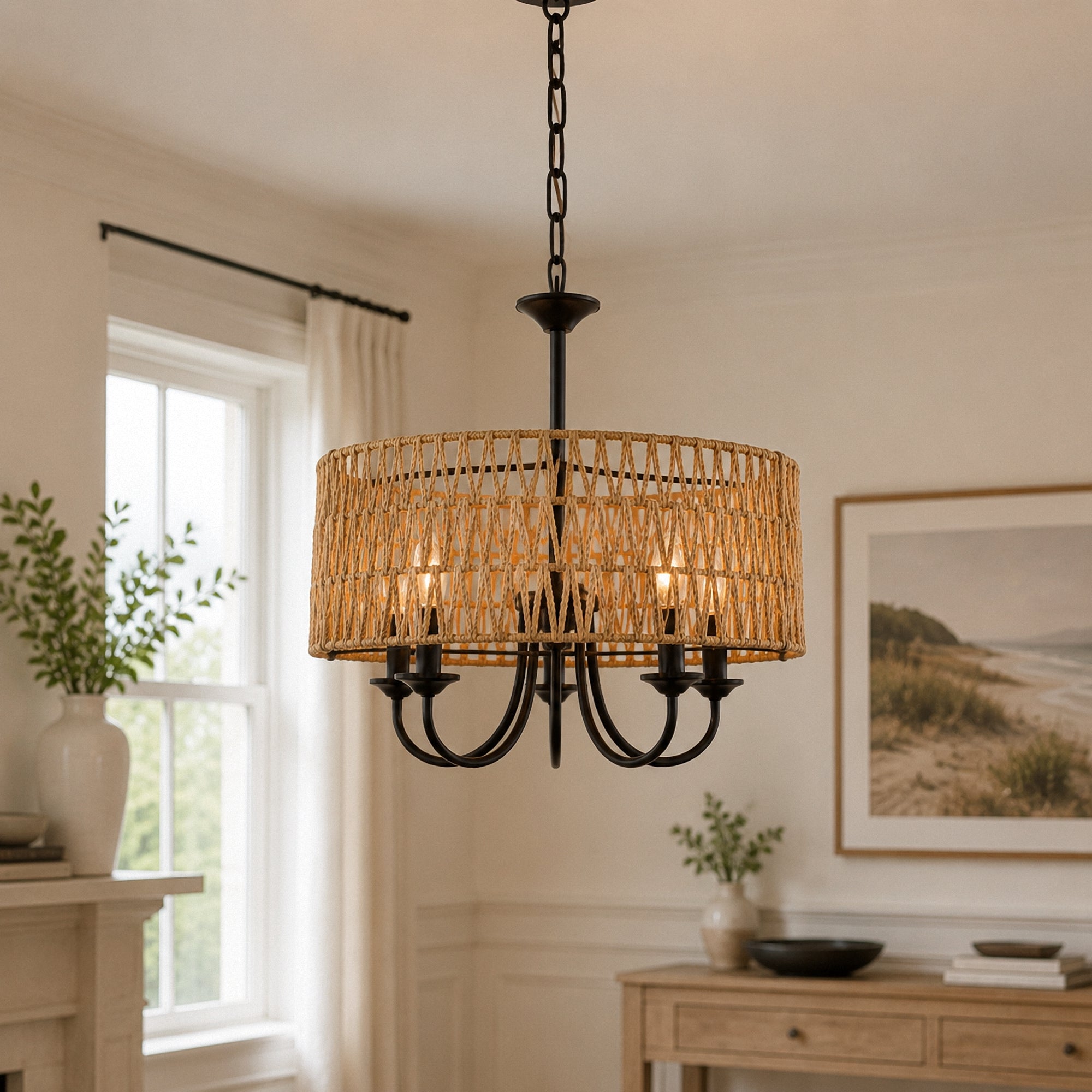 Jandcase 5-Light Matte Black Woven Branch Chandelier Rustic Farmhouse Pendant Light E12