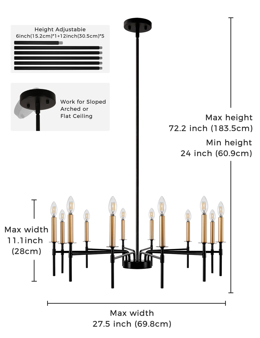 Jandcase 12-Light Black Gold Pendant Chandelier Modern Ceiling Hanging Light Fixture E12