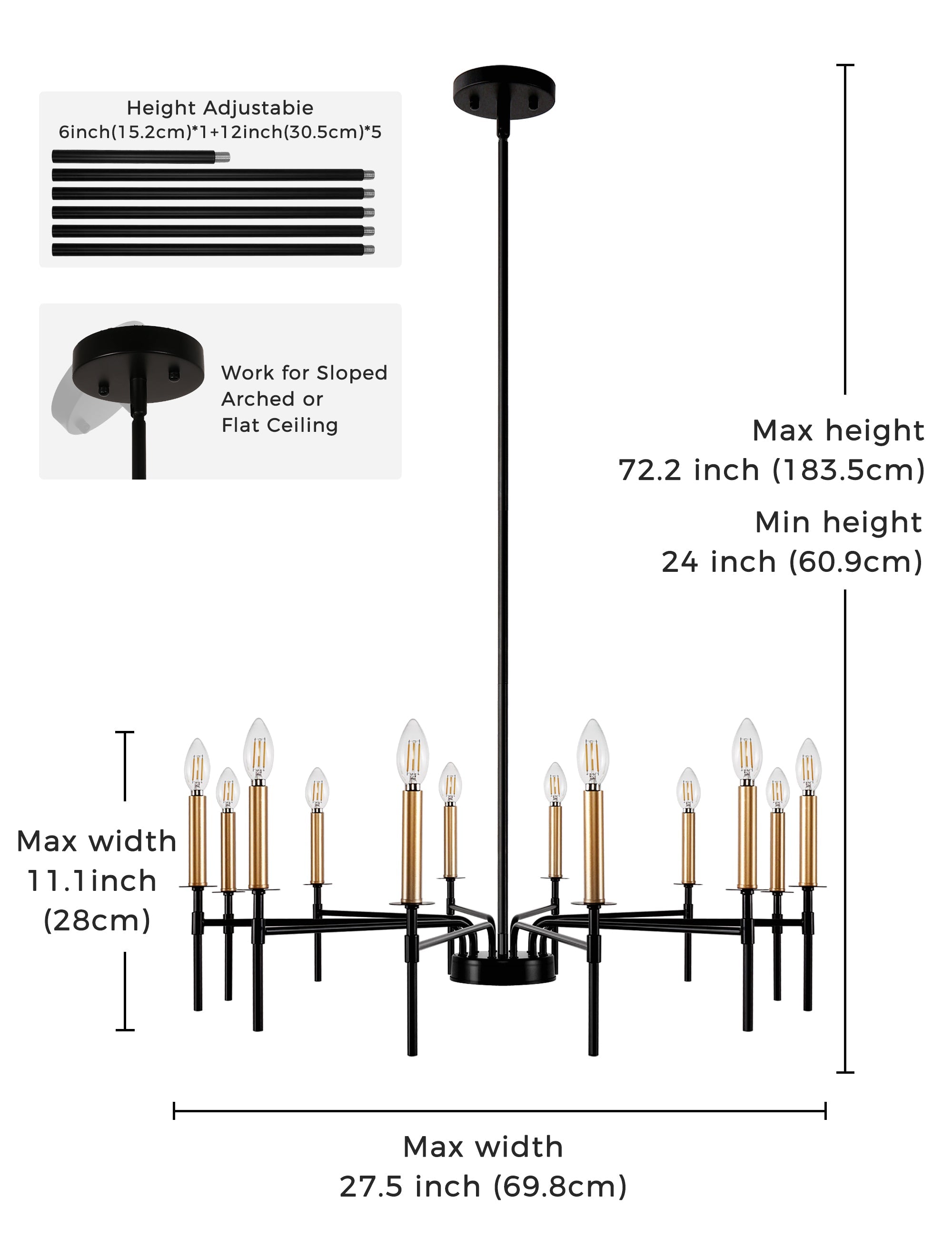 Jandcase 12-Light Black Gold Pendant Chandelier Modern Ceiling Hanging Light Fixture E12