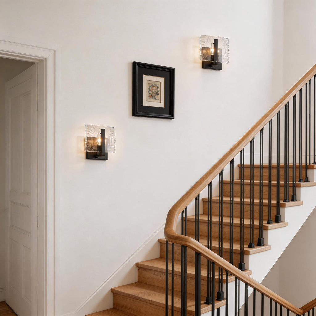 Jandcase 2-Pack 6.3 in. 1-Light Matte Black Traditional Indoor Wall Sconce with Water Ripple Glass Shade, E12 Base for Bedroom