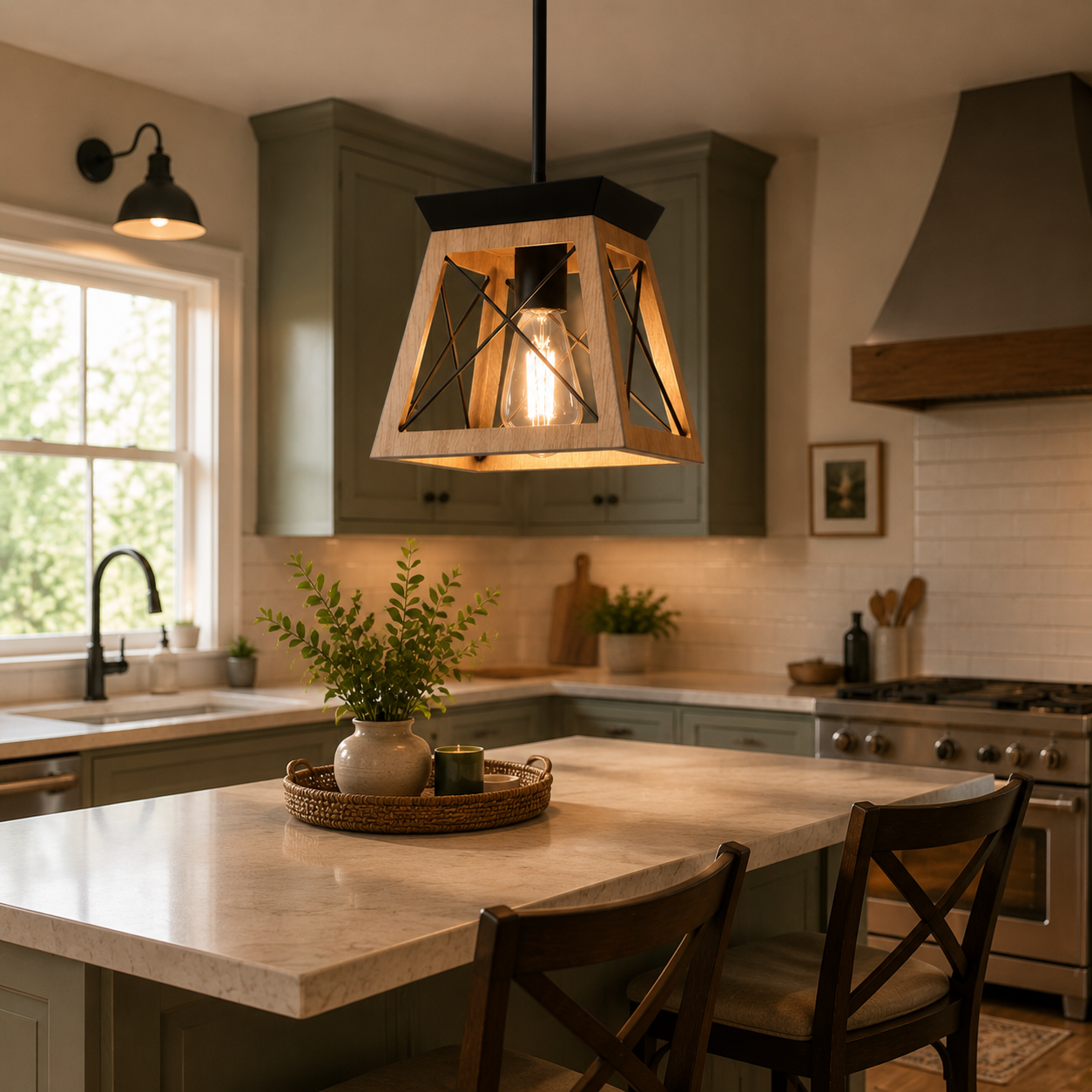 Jandcase 1-Light Rustic Industrial Pendant Light with Dark Wood Grain Finish Iron Rod Hanging Ceiling Fixture