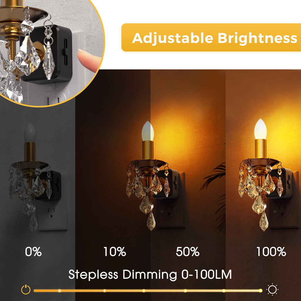 Jandcase 1W Plug-in Night Light with Amber 1600K, Dusk to Dawn Sensor, Slide Dimmer, Crystal Pendant, E12 Style