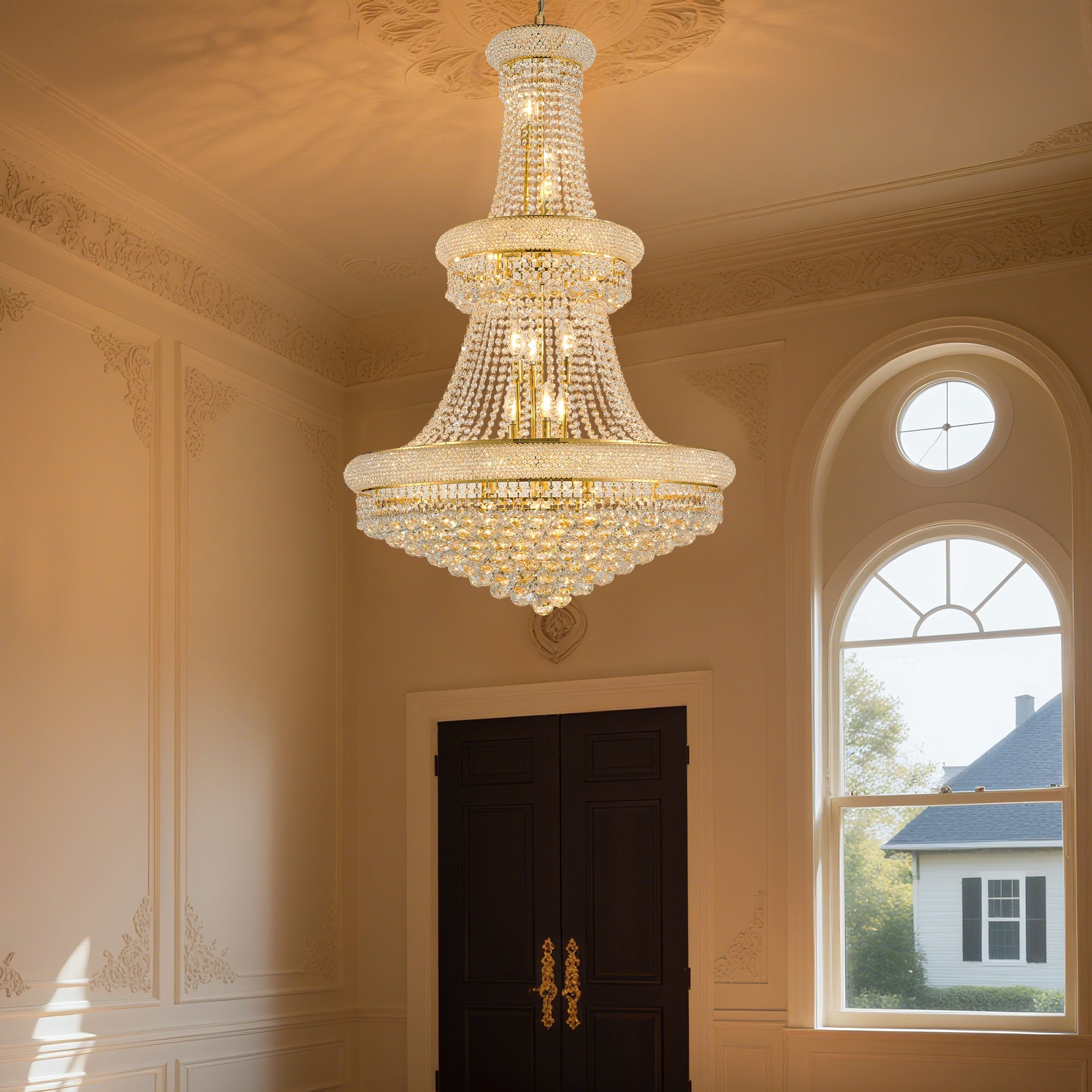 Jandcase 32in.Gold Crystal Chandelier 27-Light French Empire LED Bulbs Included Adjustable Chain 3000K Warm Light for Living Room Dining Room Foyer