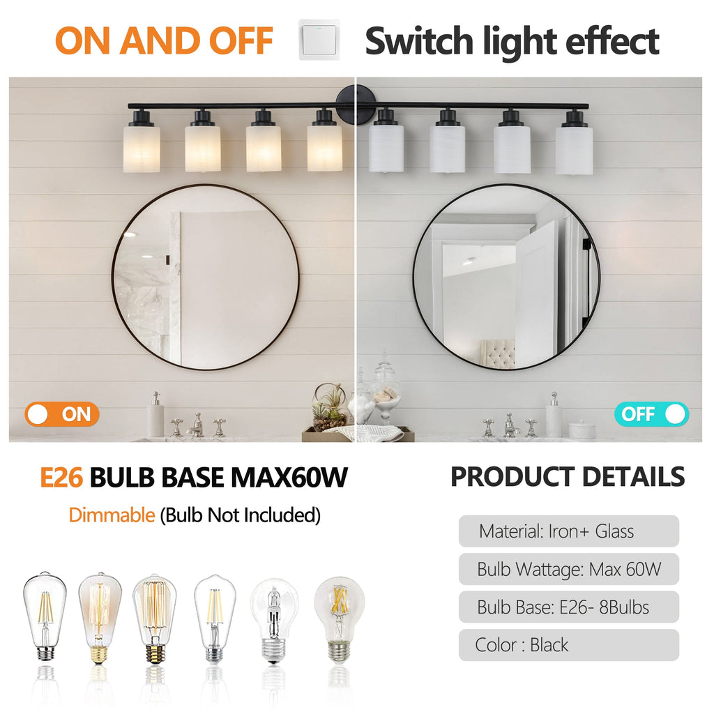Jandcase Black & White Modern Bathroom Vanity Light, 8-Light Wall Sconce, Iron & Frosted Glass, E26 Base, Hard-Wired (Bulbs Not Included)