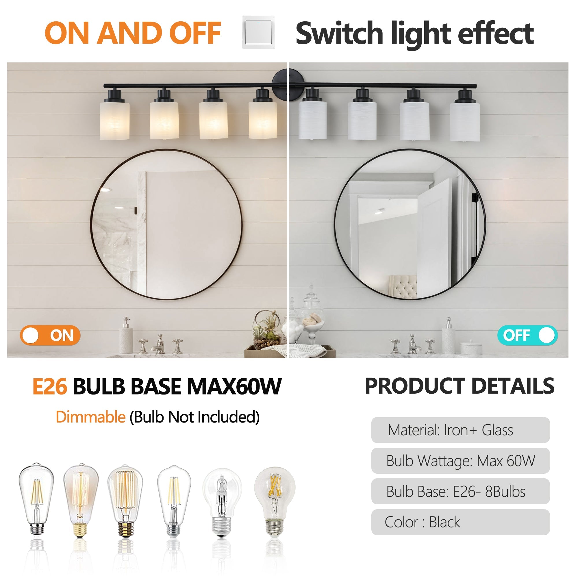 Jandcase Black & White Modern Bathroom Vanity Light, 8-Light Wall Sconce, Iron & Frosted Glass, E26 Base, Hard-Wired (Bulbs Not Included)