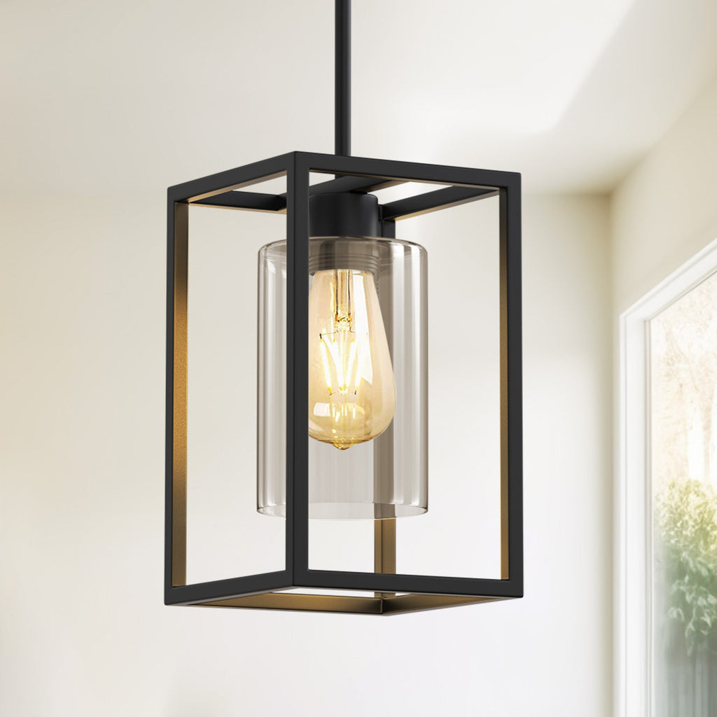 Jandcase 7 in. 1-Light Black Square Chandelier with Clear Glass, Retro Industrial Hanging Light for Kitchen Island (Copy)