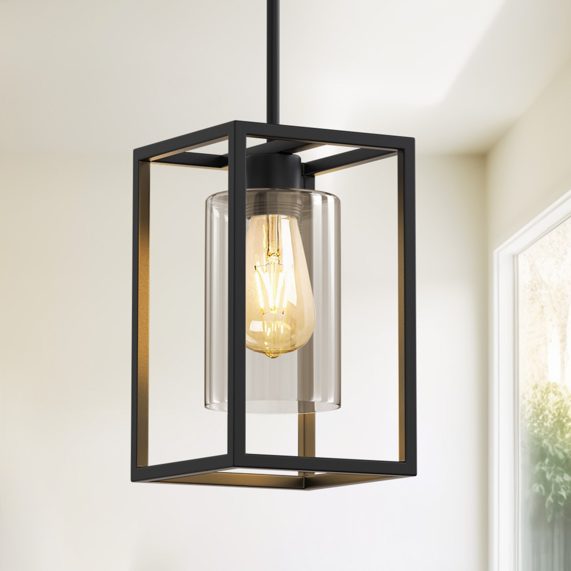 Jandcase 7 in. 1-Light Black Square Chandelier with Clear Glass, Retro Industrial Hanging Light for Kitchen Island (Copy)