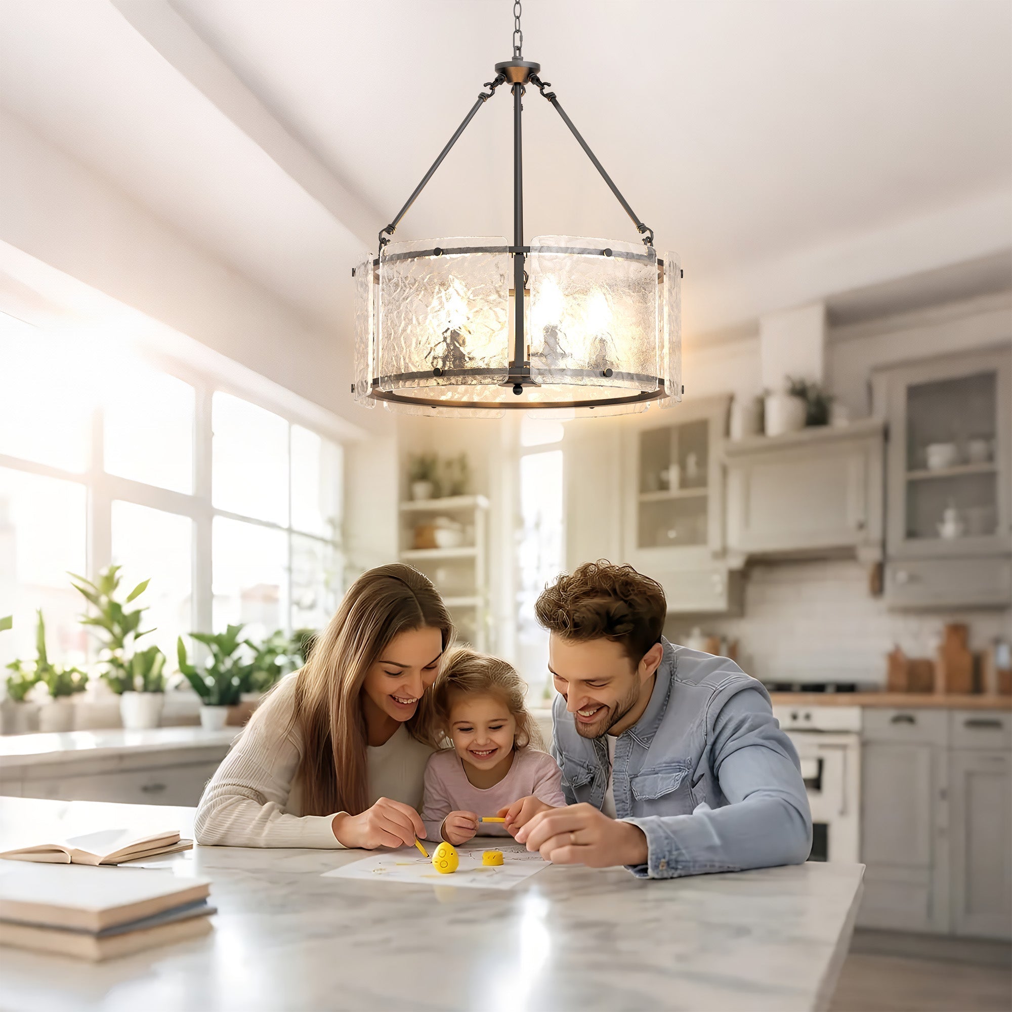 Jandcase 5-Light Black Drum Chandelier Pendant Light with Glass Shade and E12 Base for Dining Room, No Bulbs Included