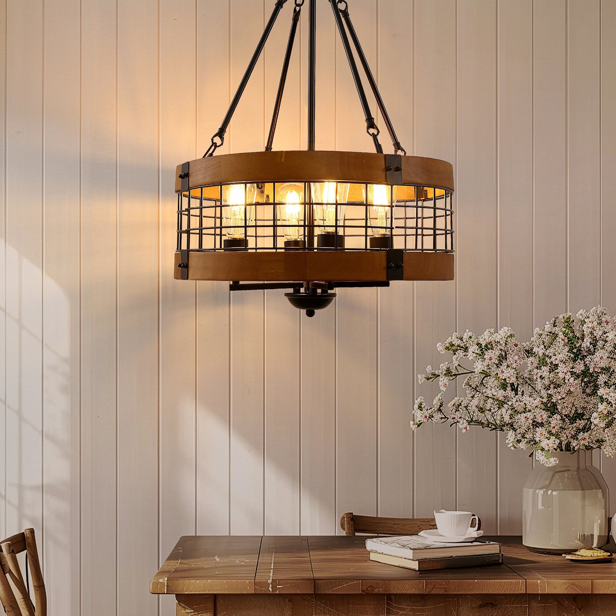 Jandcase 4-Light Matte Black Brown Drum Chandelier Industrial Metal Mesh Pendant Light Fixture E26