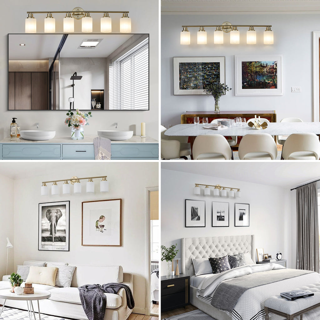 Jandcase Golden Modern Minimalist Bathroom Vanity Light, 6-Light Wall Sconce, Iron & Glass, E26 Base, Hard-Wired (Bulbs Not Included)