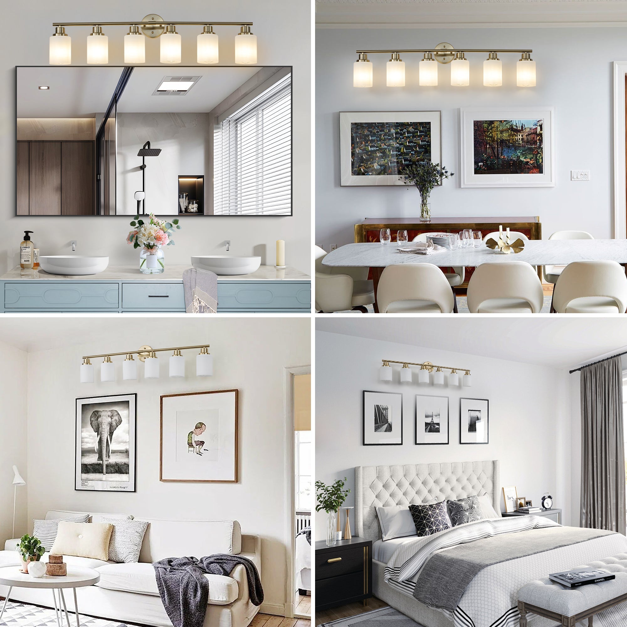 Jandcase Golden Modern Minimalist Bathroom Vanity Light, 6-Light Wall Sconce, Iron & Glass, E26 Base, Hard-Wired (Bulbs Not Included)