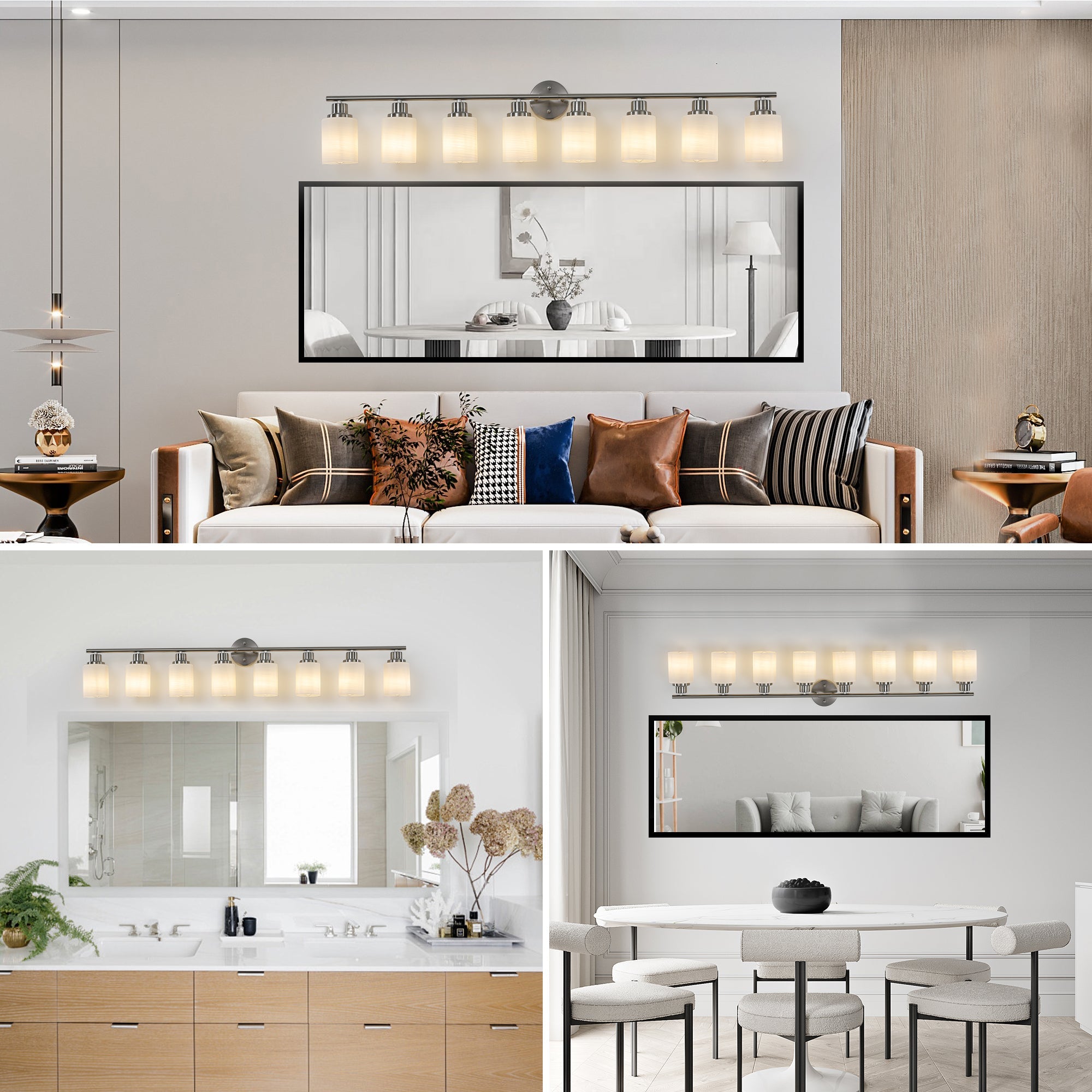 Jandcase Modern 8-Light Vanity Wall Sconce, Brushed Nickel Finish with Frosted Glass Shades for Bathroom or Hallway Lighting (No Bulbs)