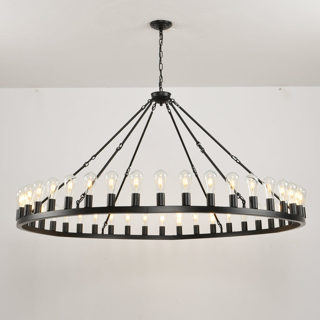 Jandcase 64in. Matte Black Wagon Wheel Chandelier 30-Light E26 Farmhouse Industrial Pendant Light for High Ceiling Dining Room (No Bulbs)