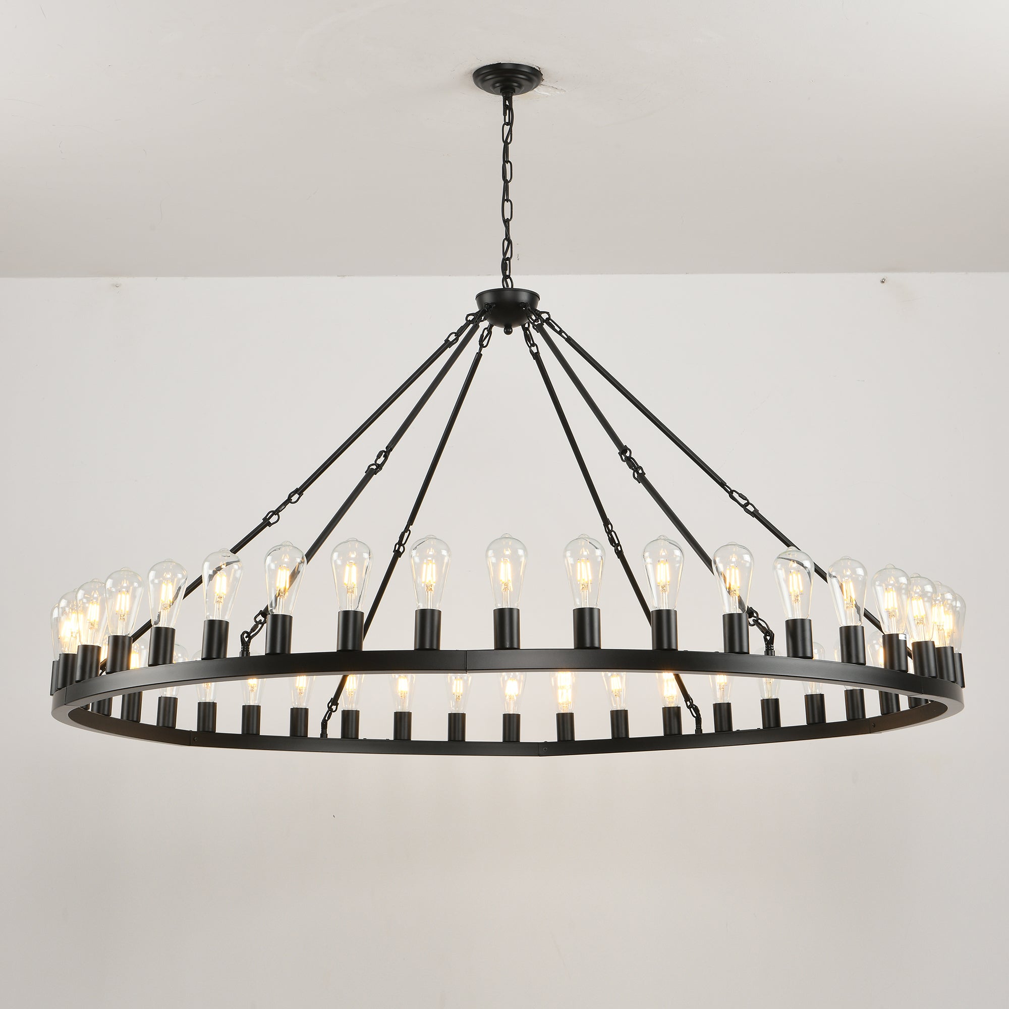 Jandcase 64in. Matte Black Wagon Wheel Chandelier 30-Light E26 Farmhouse Industrial Pendant Light for High Ceiling Dining Room (No Bulbs)