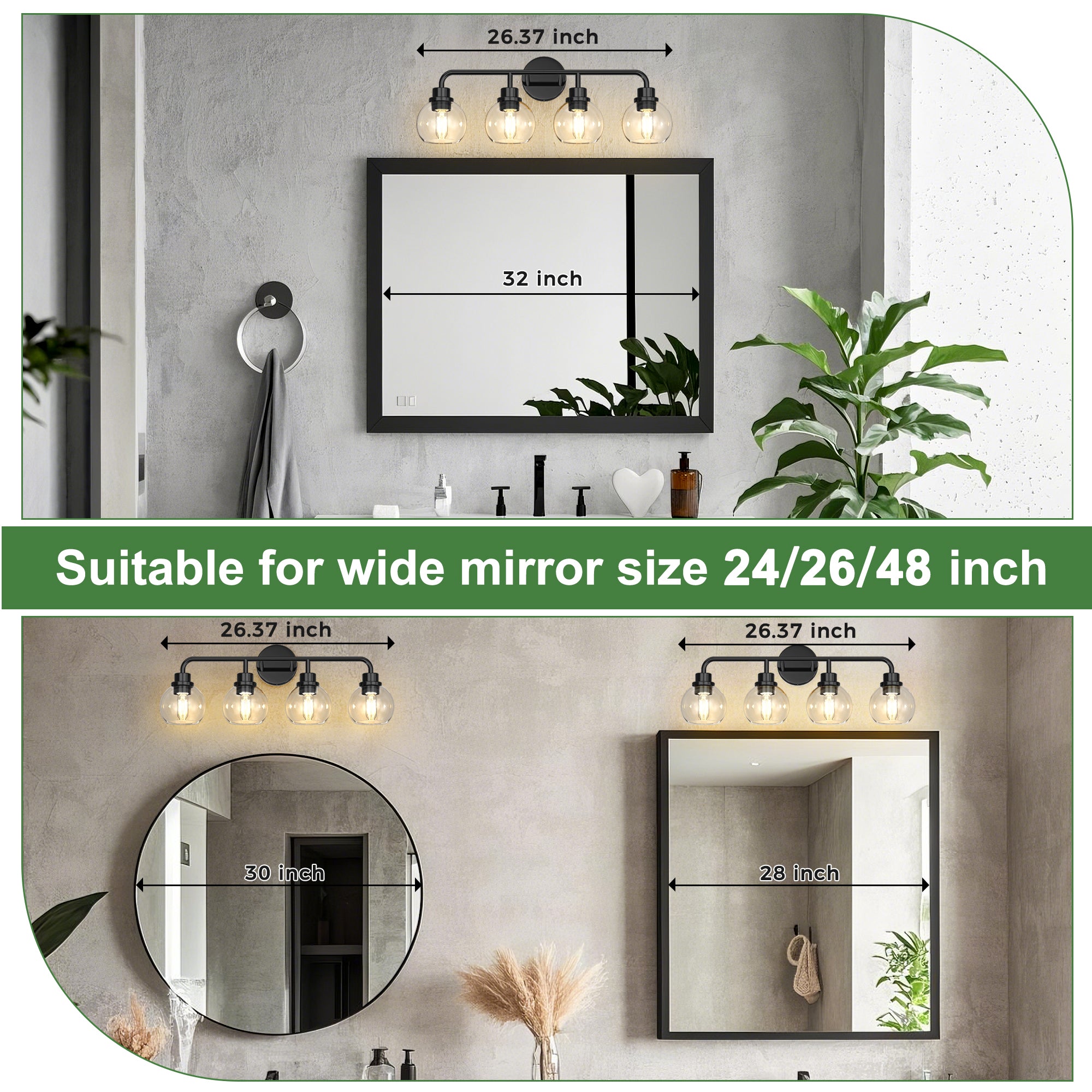 Jandcase 4-Light Black Vanity Light Fixture with Clear Globe Glass Shades Modern Bathroom Wall Sconce E26