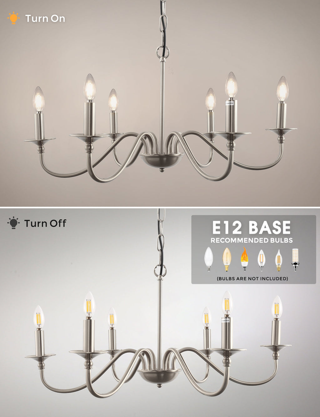 Jandcase 6-Light Nickel Branch Chandelier Modern Ceiling Pendant Light Fixture E12