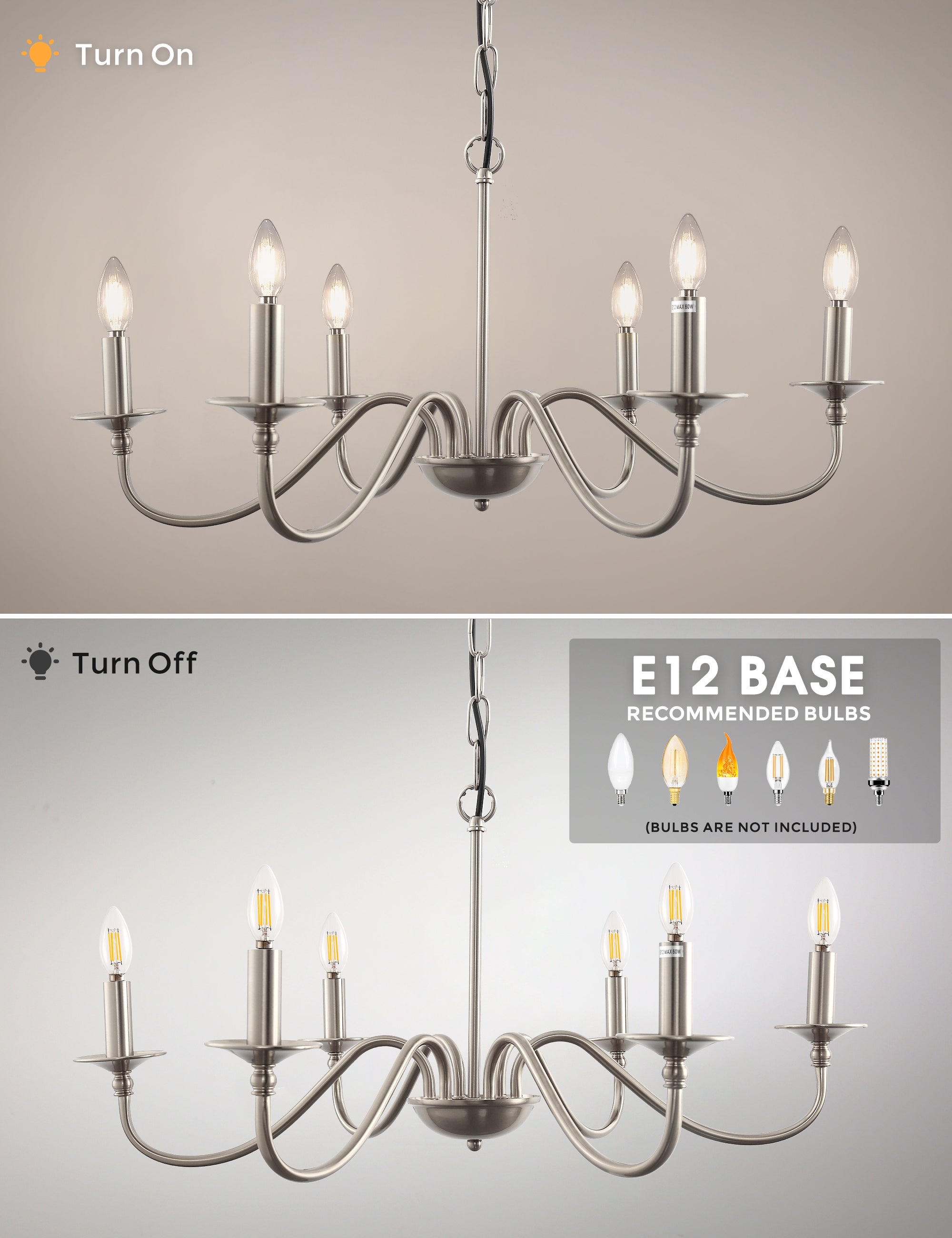 Jandcase 6-Light Nickel Branch Chandelier Modern Ceiling Pendant Light Fixture E12