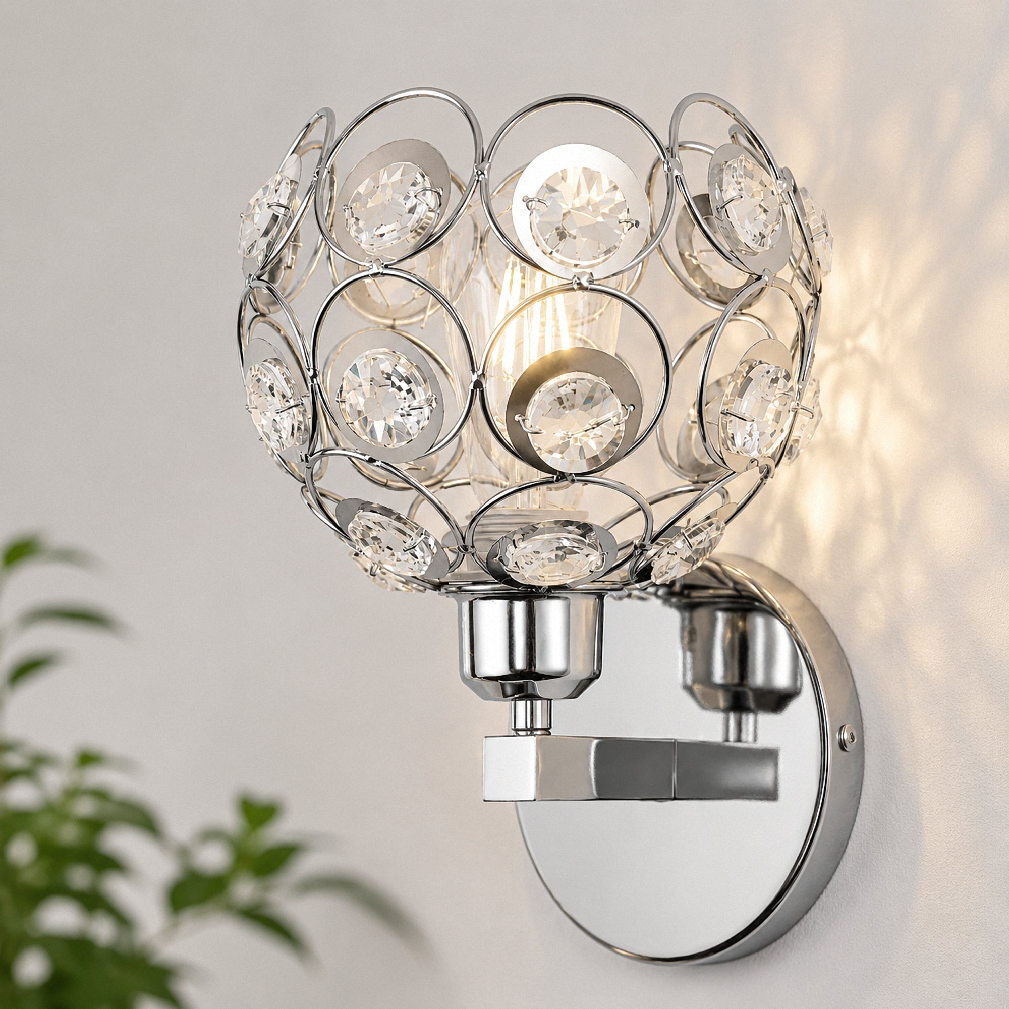 Jandcase Modern Crystal Round Wall Sconce E26 Indoor Wall Light Fixture Chrome Finish 1-Light Vanity Lamp