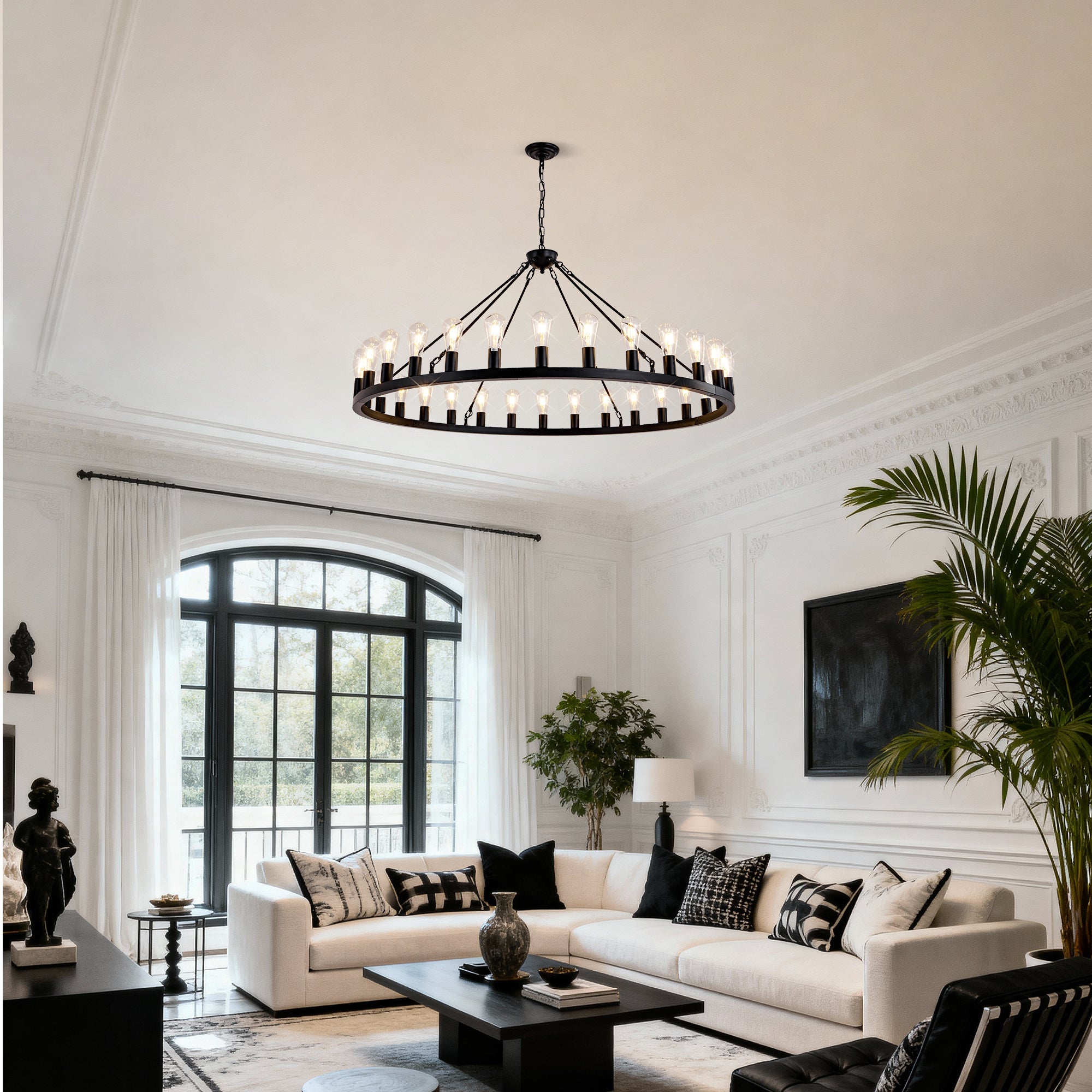 Jandcase 64in. Matte Black Wagon Wheel Chandelier 30-Light E26 Farmhouse Industrial Pendant Light for High Ceiling Dining Room (No Bulbs)